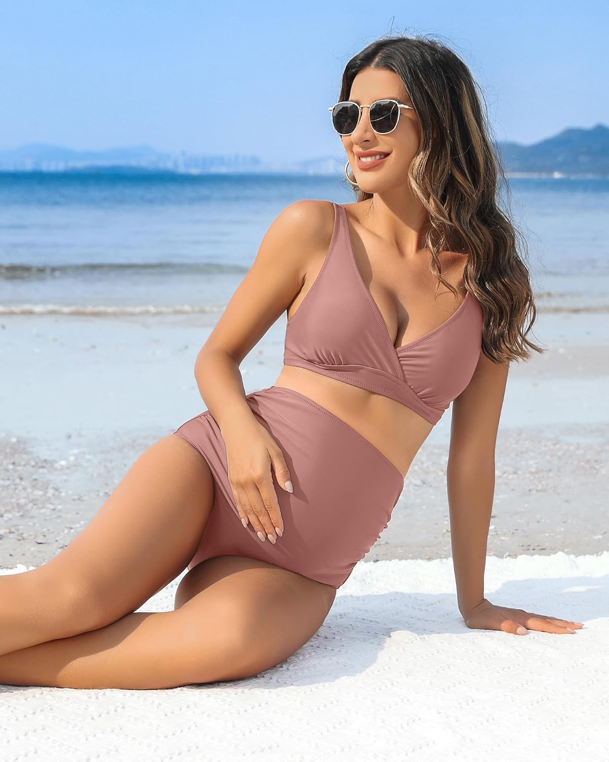 Charmo High Waisted Maternity Swimsuit Bikini Set V Neck Pregnancy Bathing Suits Push Up Two Piece Swimwear
