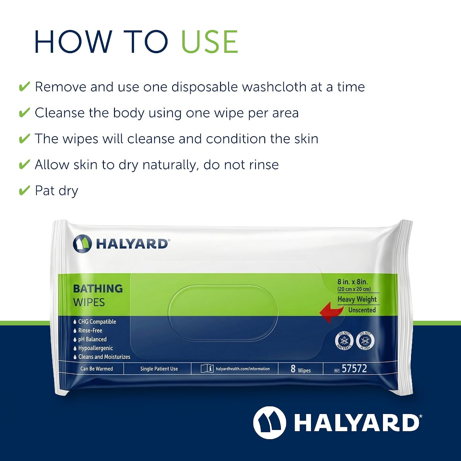 HALYARD Bathing Wipes - Unscented Heavy Weight, 192 Count (8 Wipes, 24 Packs), 8x8 Inch - No Rinse Cleansing Adult Bath Wipes, Disposable Washcloths for Patient Care and Hygiene