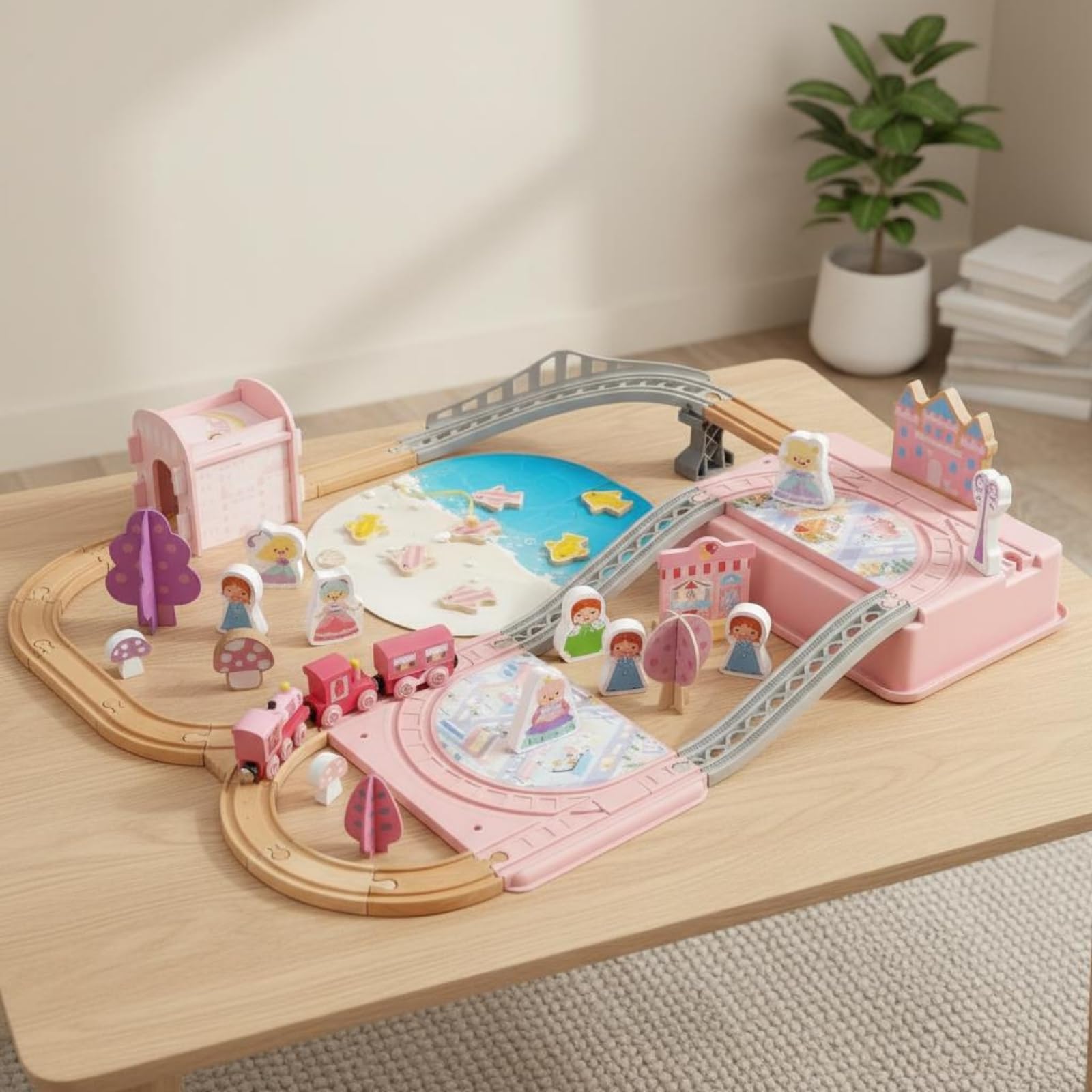 Juguetes de Construcción Infantiles Set de Tren Princesa Pista de Madera Ferrocarril Vagón Accesorios Escenografía con Resistente y Piezas Adecuado