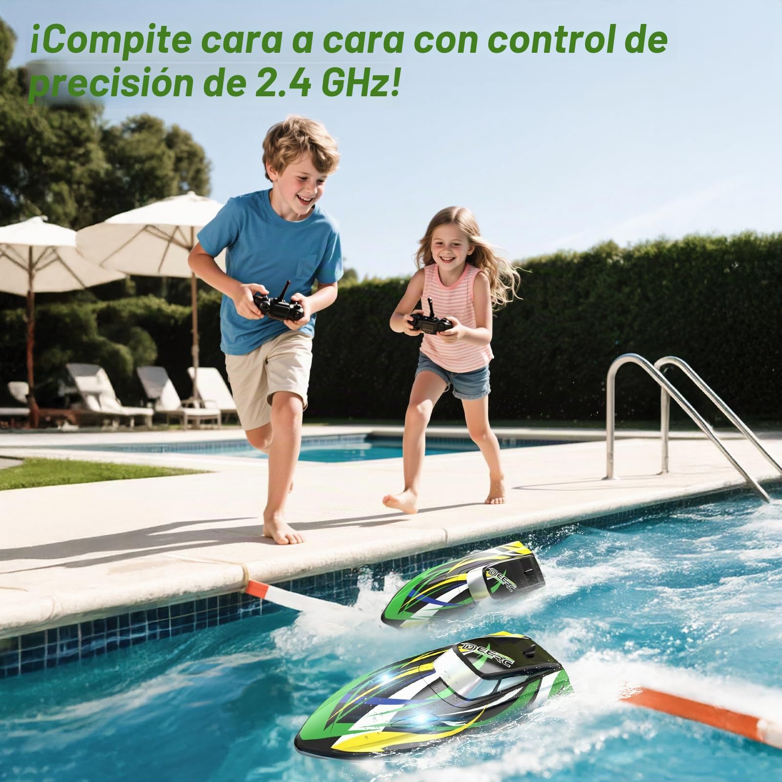 DEERC - Barco teledirigido de alta velocidad con luces LED, barco de carreras RC rápido autorectificador, 2 baterías para más de 24 minutos de autonomía, mando a distancia de 2,4 GHz, juguete para