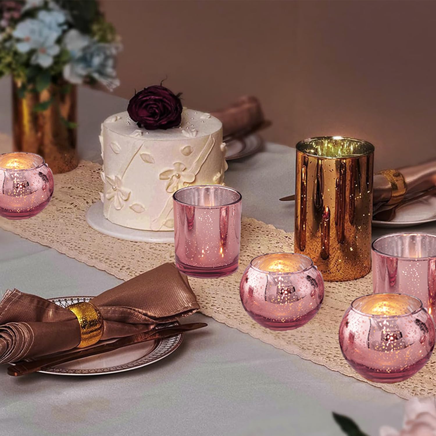 12 portavelas votivos rosados, portavelas de cristal de mercurio para centro de mesa de boda, decoración de fiesta y decoración del hogar (12, rosa)