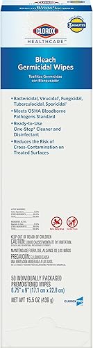 Miniatura 11 de Clorox Pro Healthcare - Toallitas germicidas de lejía, limpieza sanitaria y limpieza industrial, toallitas Clorox Wipes, 50 toallitas envueltas