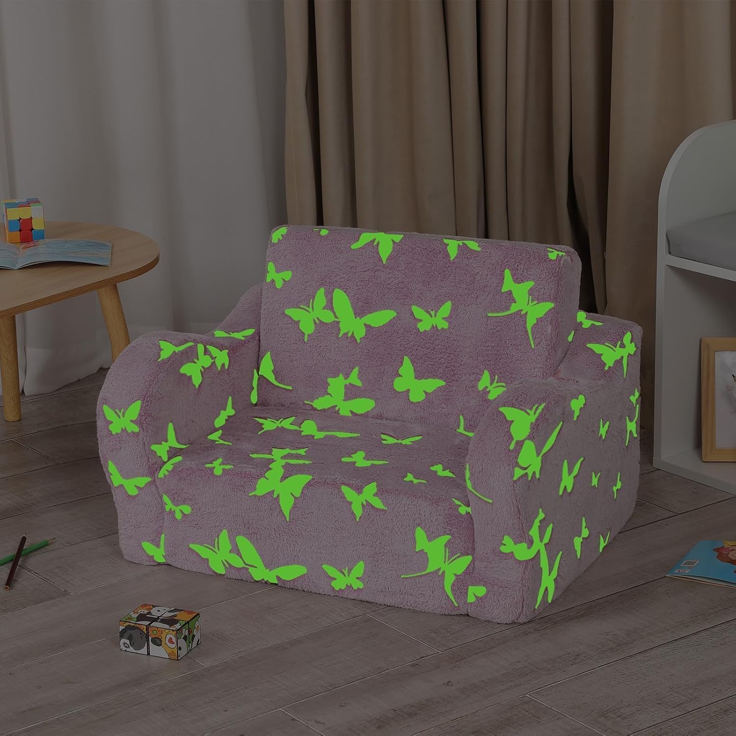Toddler Couch, 2-in-1 Kids Soft Couch Fold Out with Star Pillow, Foldable Sofa to Lounger, Medium, Butterfly Glow in The Dark