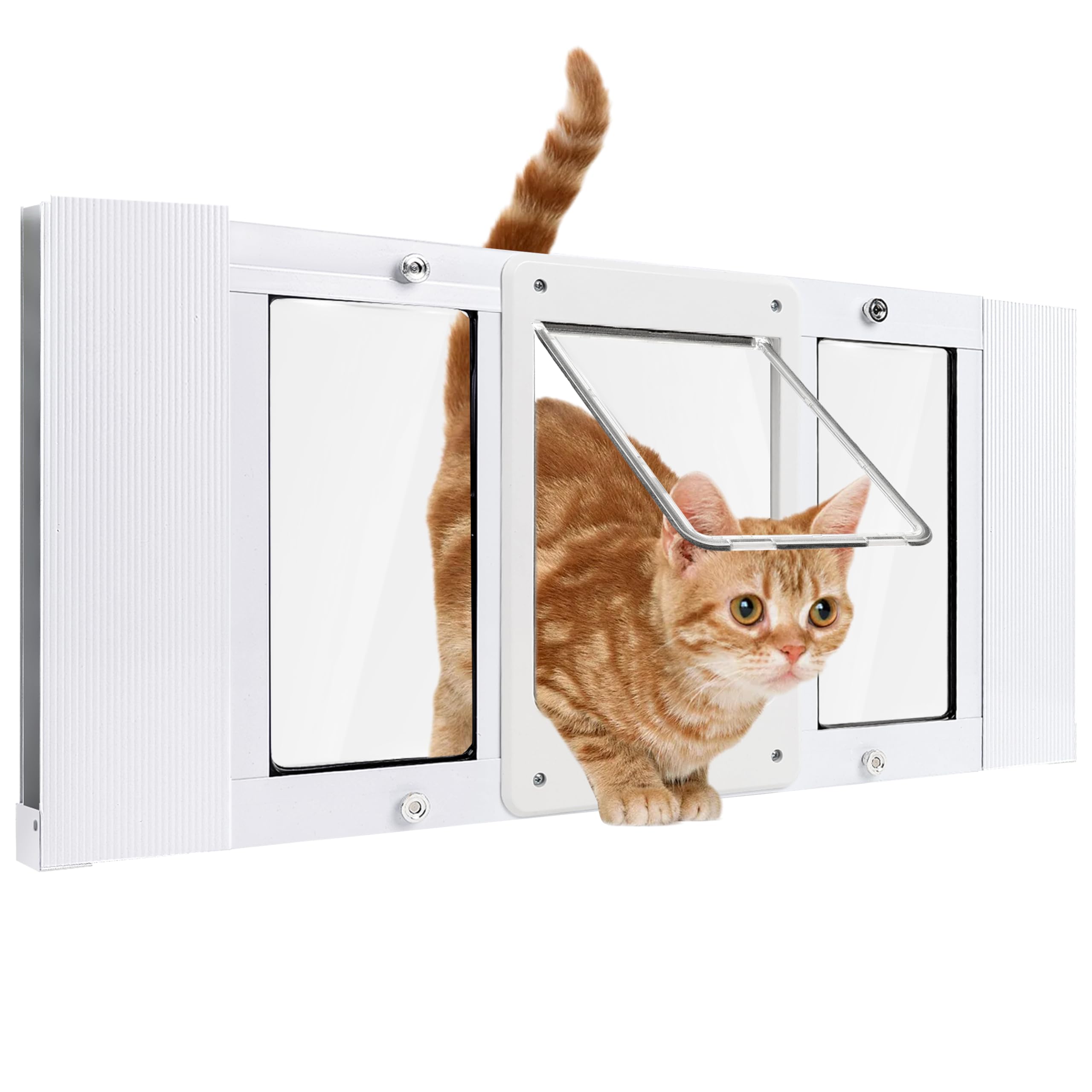 Full-Size Window Pet Door for Cat&Small Dog, Fits 24"-28" Width Windows, Quick-Fit Cat Door Window Insert, 4 Locking Mechanisms, Magnetic Closure Cat Window Door, Aluminum Frame Pet Door for Window