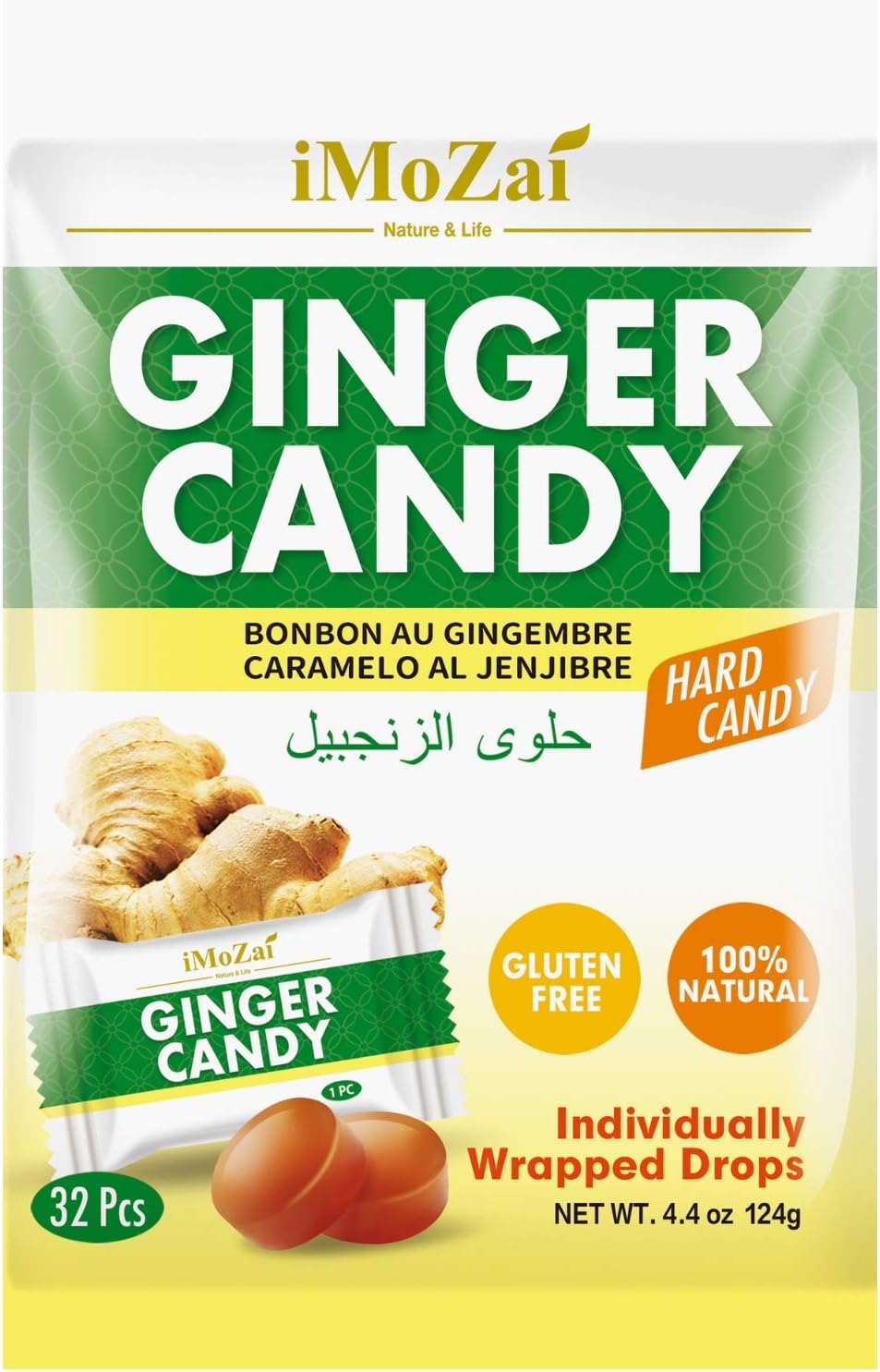 Imozai Ginger Candy 100% Natural 32 Individually Wrapped Drops 4.4 Ounce(Pack of 1)
