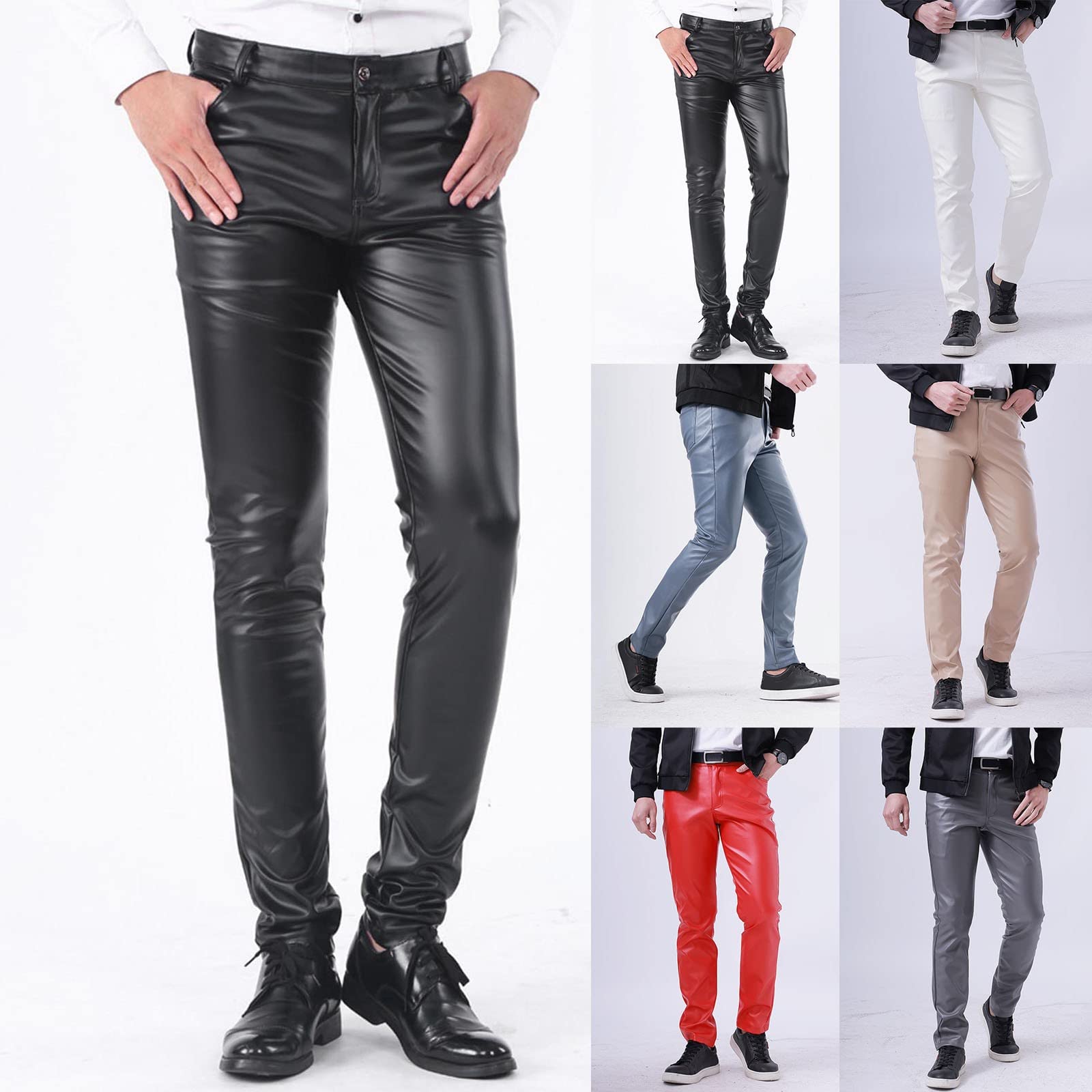 Pantalon en cuir pour homme - Noir - Sexy - En latex - Pour homme - Style punk stretch - Décontracté - Effet mouillé - Coupe ajustée - Pour les loisirs