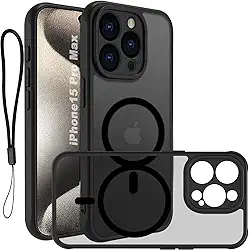 USTIYA Magnética Capa para iPhone 15 Pro Max 6,7 polegadas Case Matte Acrílico Uso Resistente Protetora de Câmera Capinha Acessórios para Celular com Cordão Preto FGCX