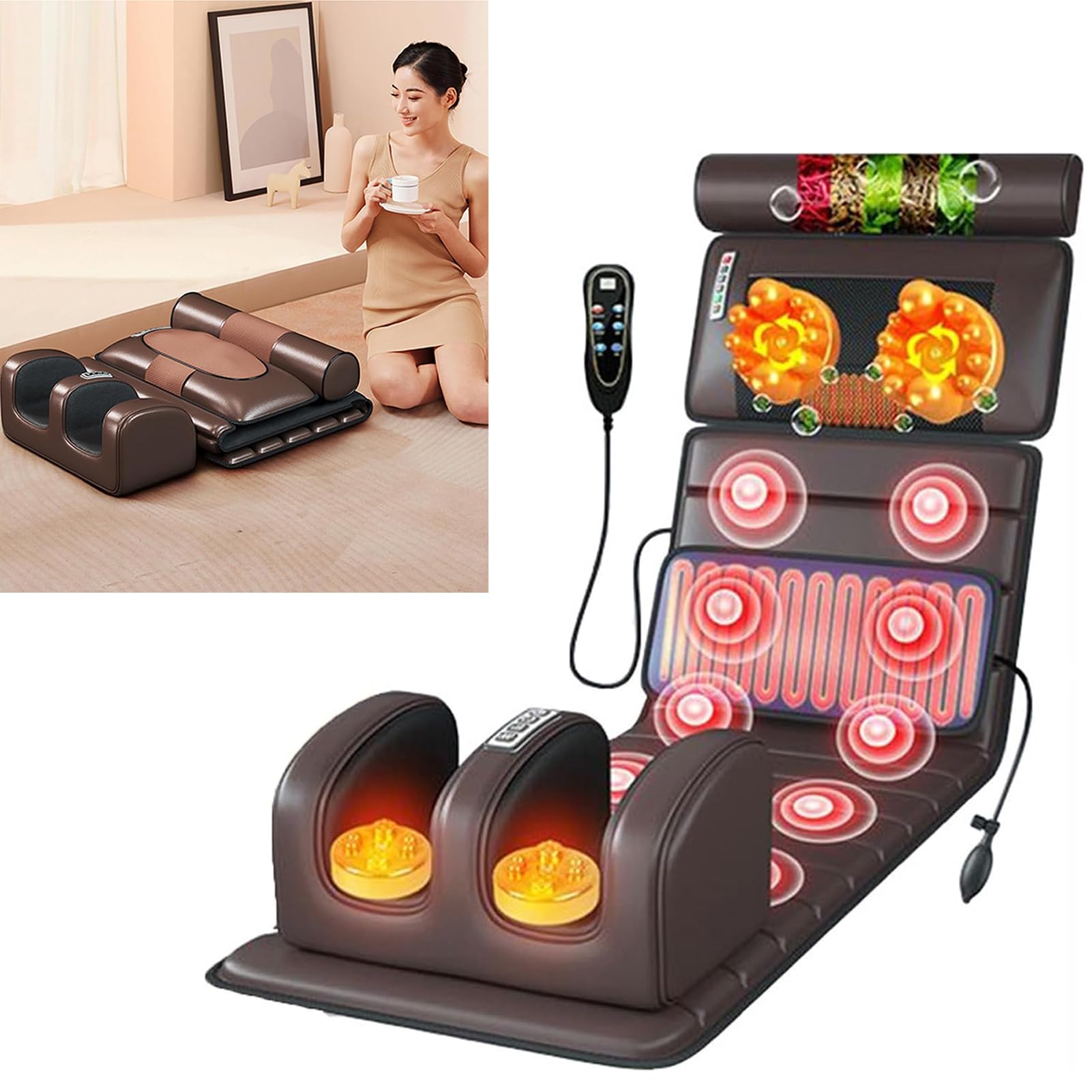 Podgrzewana mata do masażu, z 20 głowicami masującymi do ugniatania szyi Shiatsu, mata do masażu całego ciała, 10 silników wibracyjnych Mata masująca do masażu szyi, pleców, talii i nóg (brązowa)