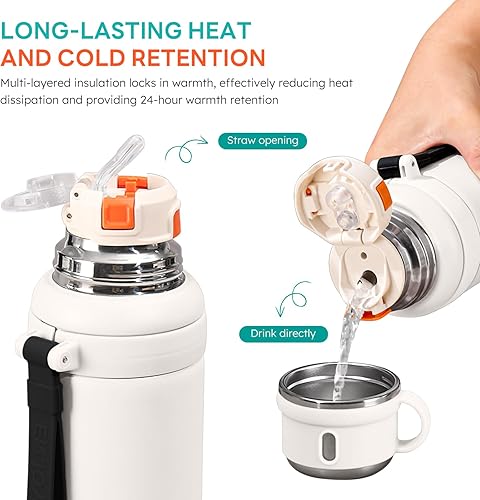 Miniatura 5 de Botellas de agua mejoradas de acero inoxidable 316 con aislamiento al vacío con una taza de viaje, botella térmica de boca ancha, para bebidas