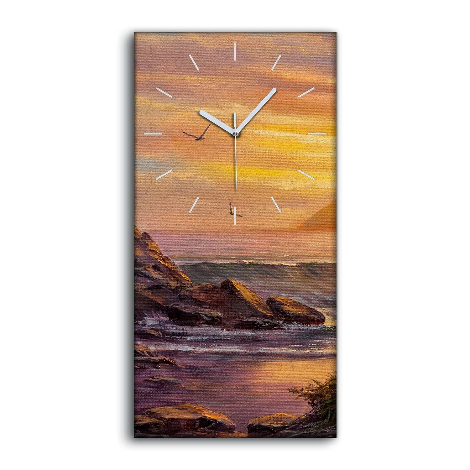 Horloge sur Toile 30x60cm Silencieuse Sunset Sea Waves pour Salon et Chambre | Coloray
