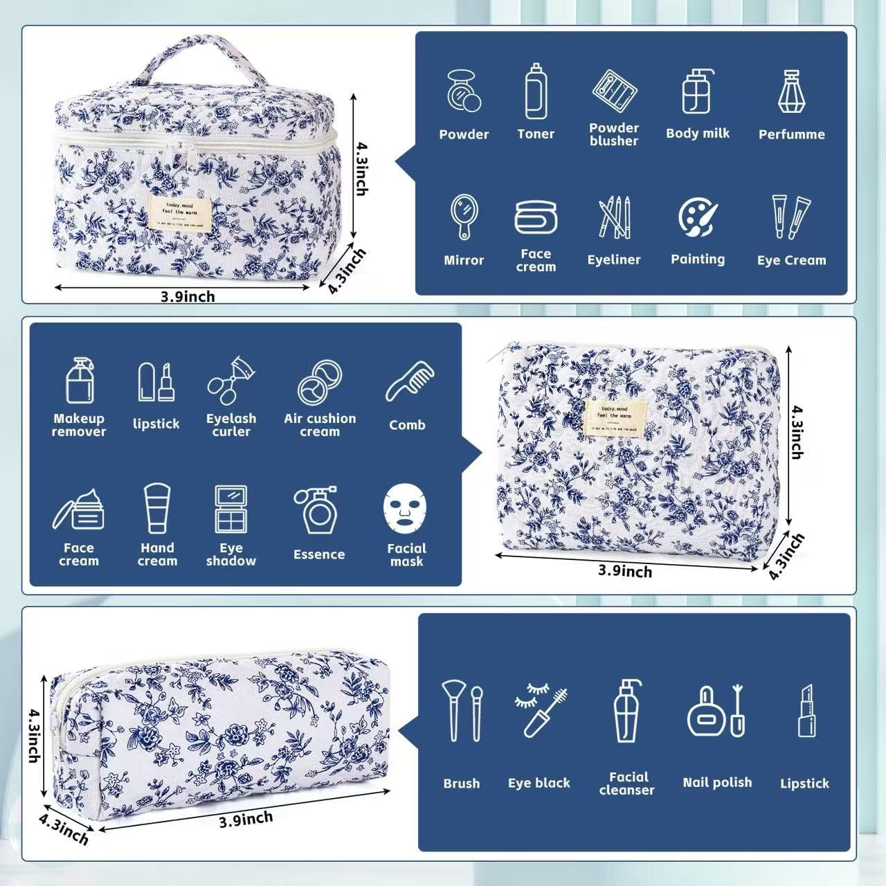 3Pcs Makeup Bag Cute Cosmetic Bags for Women, Large Capacity Travel Quilted Makeup Bag Set,Cotton Floral Makeup Pouch, Coquette Puffy Toiletry Bag,Attractive Quilted Pouch
