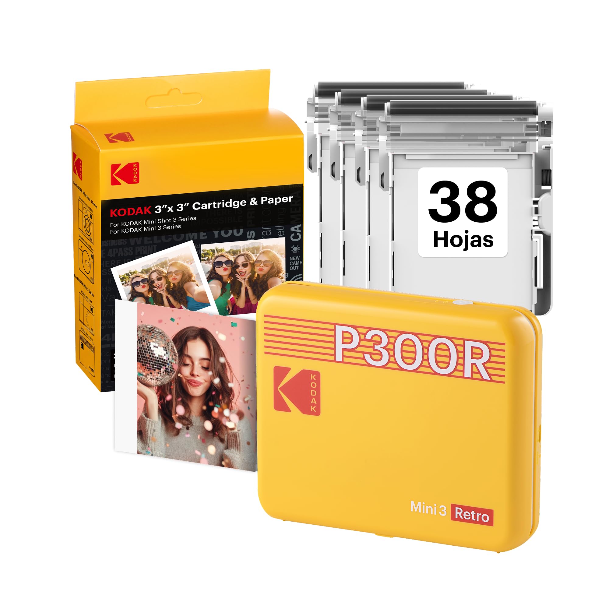 KODAK Mini 3 Retro Impresora Fotográfica 7,6×7,6cm, 38 Hojas, Amarilla | Bluetooth, compatible con iPhone y Android, resistente al agua, huellas y decoloración