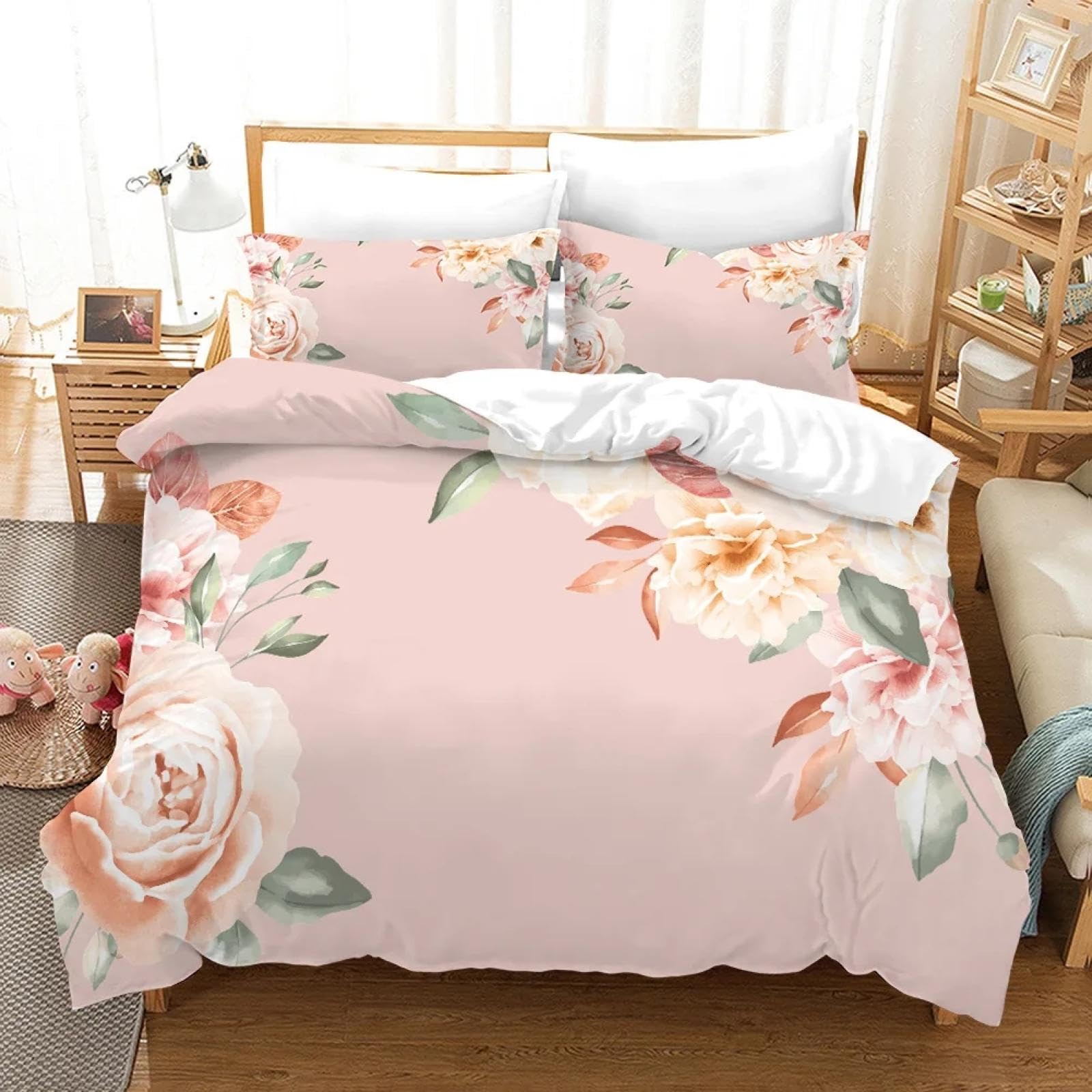 Parure de lit rose pour chambre de fille et femme avec housse de couette