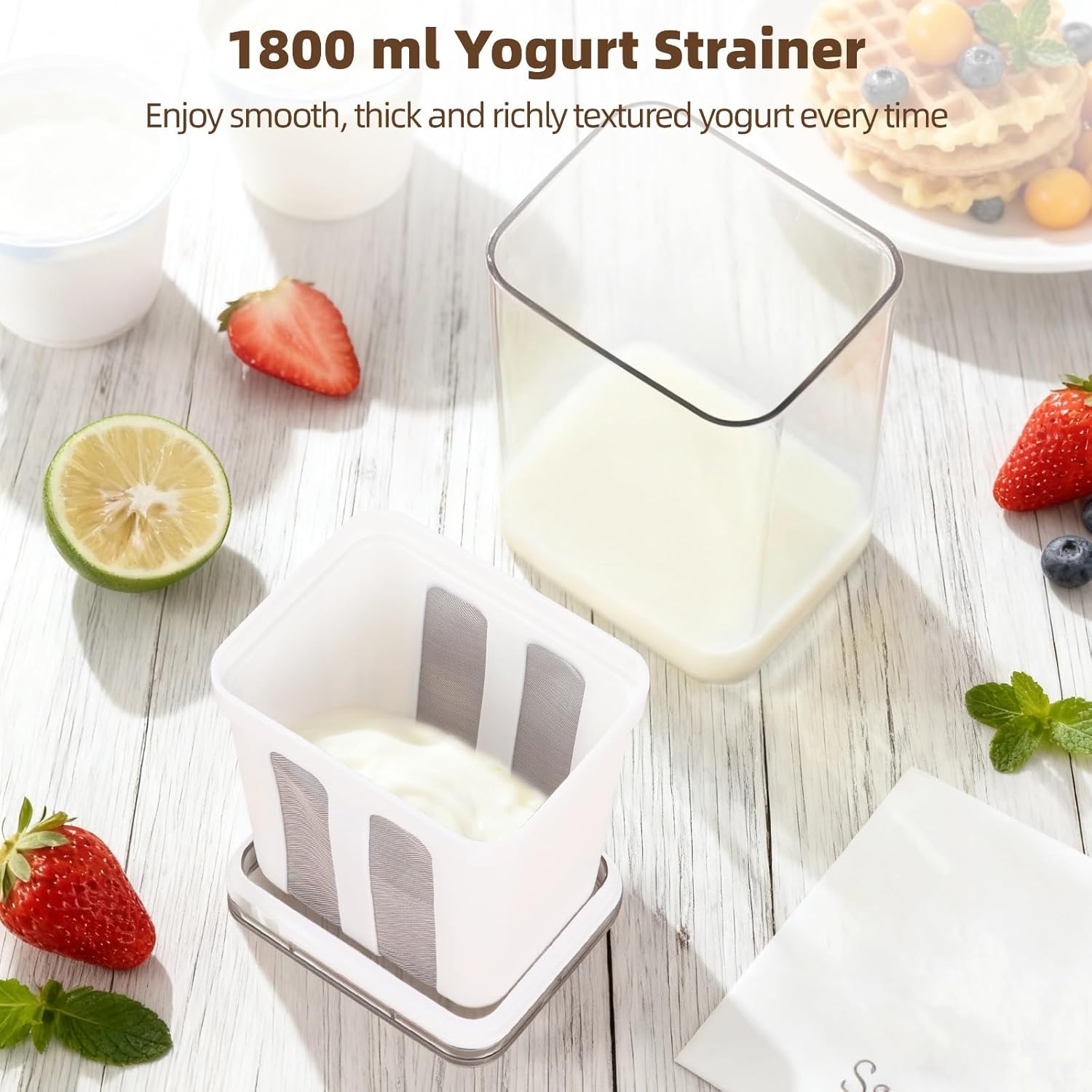 Yogurt Strainer 1800 Ml, Greek Yogurt Maker, With Stainless Steel Mesh And Lid, For Cream Cheese, Soybean Milk, Juice