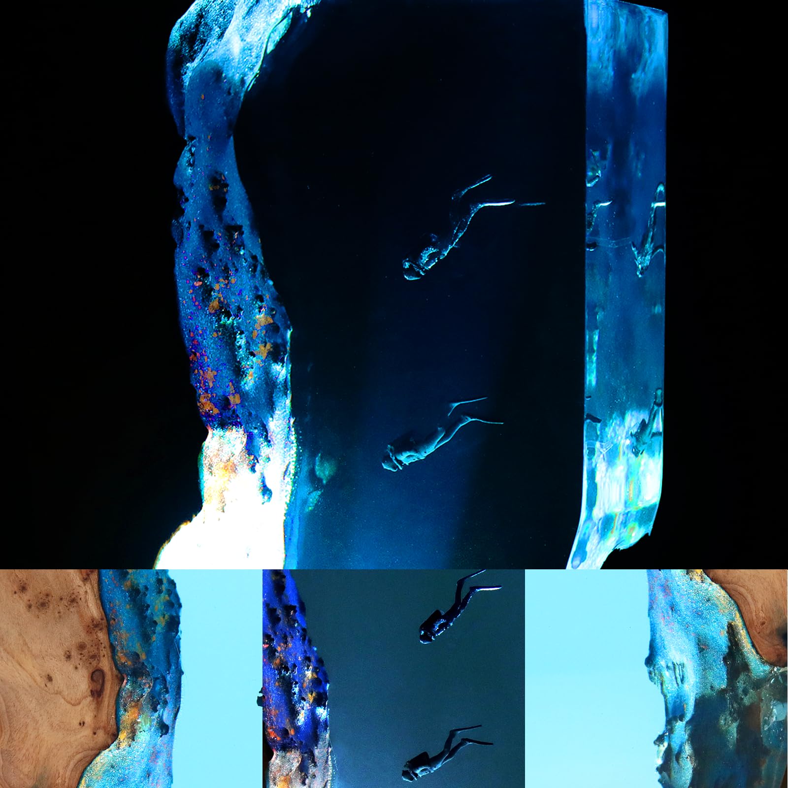 Diver Ocean Night Light – Handmade Resin Shark & Turtle Deep Sea Lamp, USB-Powered Wooden Base Resin Art Decor