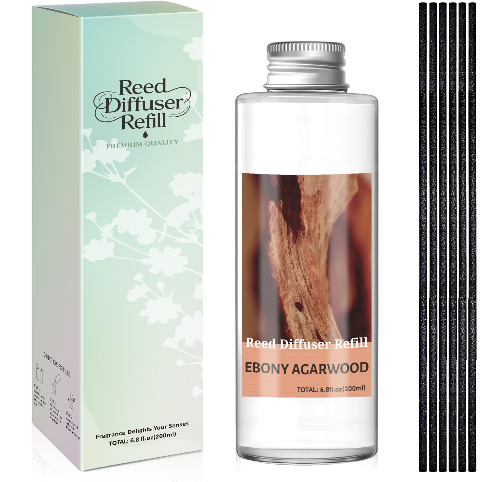 SCENTORINI Reed Diffuser Refill 200ml with 6 Reeds, Ebony Agarwood Room Fragrance Oil, Home Scent Refill for Lounge Office, Gift Boxed