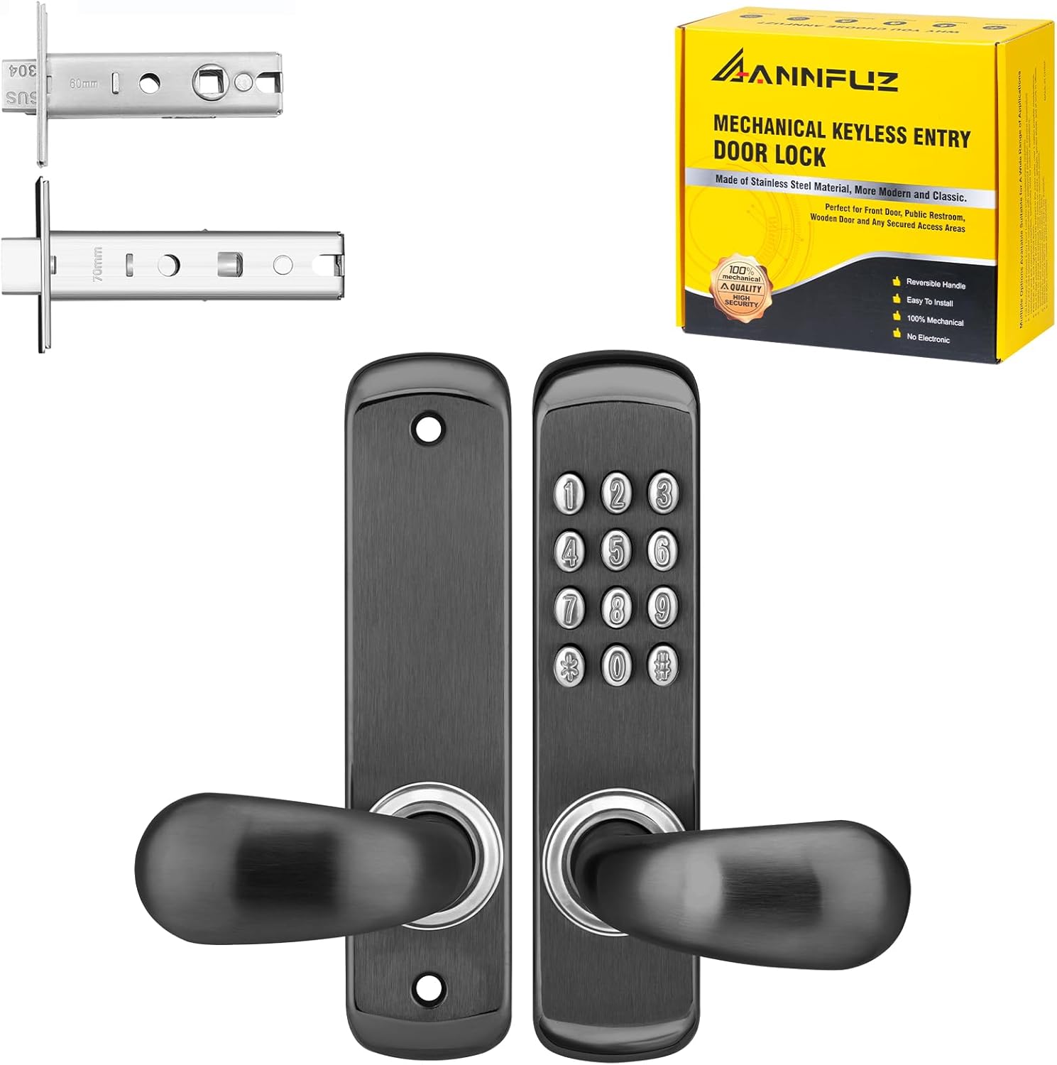 Stainless Steel Mechanical Keypad Entry Door Handle Lock,Commercial Keyless Push Button Code Door Lever,Single-Sided Combination &Interior Non-locking,Exterior Auto-Lock,For Outdoor,Matte Black