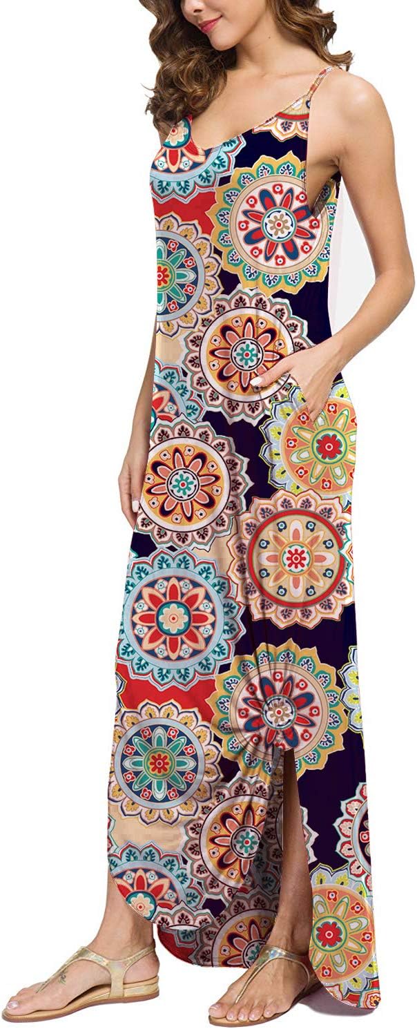 Donnalla Womens Summer Casual Loose V-Neck Dress Sleeveless Long Nightgown Spaghetti Strap Split Maxi Dresses(Geometric Small)