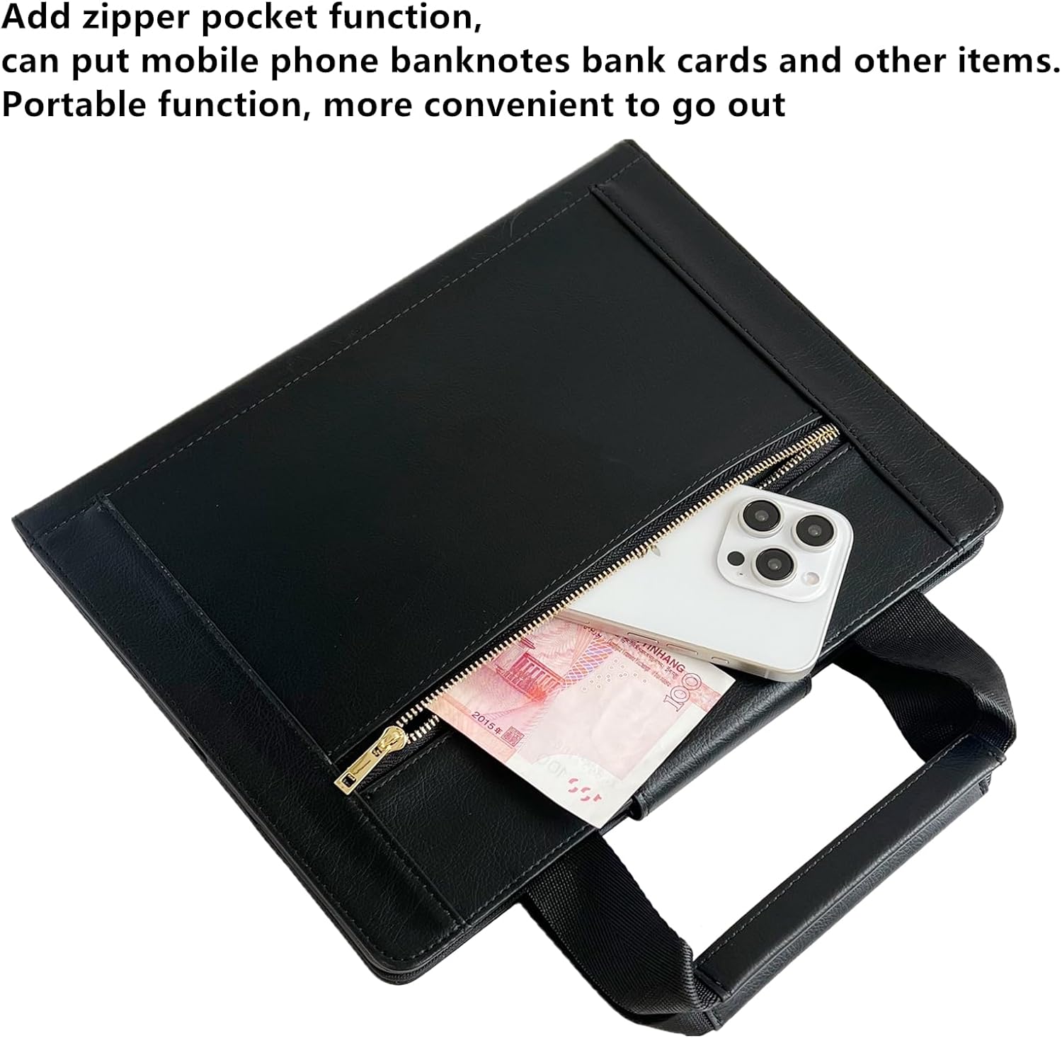 Dteck for iPad/Android 15/14/13/12/11 Tablet 9.6 9.7 10 10.1 10.2 10.36 10.4 10.5 Inch Tablet Universal Protector Case with Zipper Pocket/Handle/Card Slots, PU Leather Folio Fold Stand Cover, Black