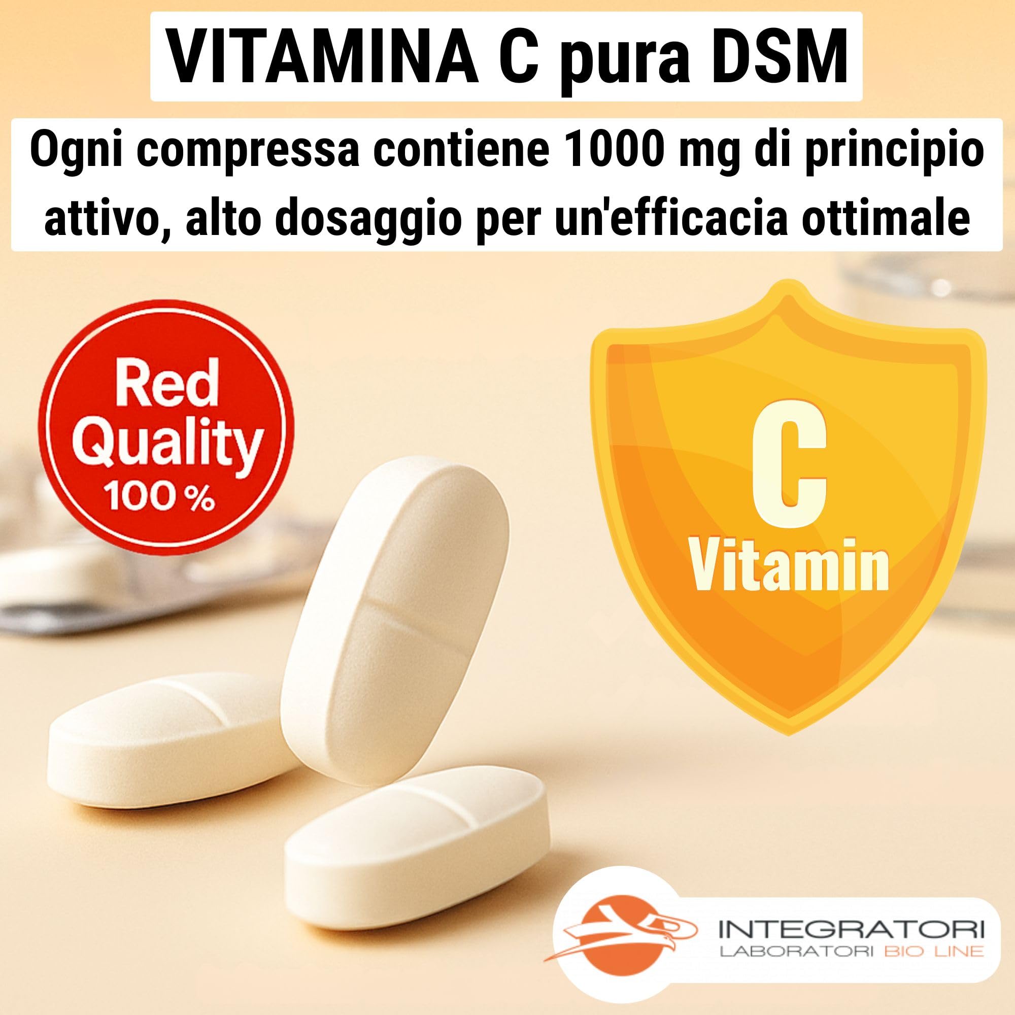 Laboratori Bio Line - Vitamina C 1000 mg DSM (250 Compresse) Integratori Vitamina C Red Quality a Base di Acido Ascorbico DSM, Integratore Difese Immunitarie ad Azione Antiossidante, Made in Italy