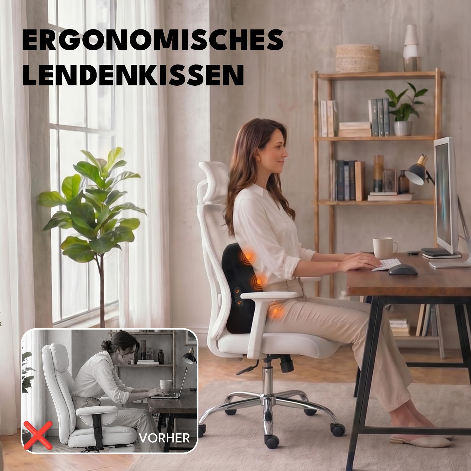 Shiatsu Massagekissen mit 8 Köpfen & Wärmefunktion, Premium Rückenmassagegerät für Bürostuhl Gaming Stuhl, ergonomisches Lendenkissen mit Memory Foam und Typ-C (Schwarz)