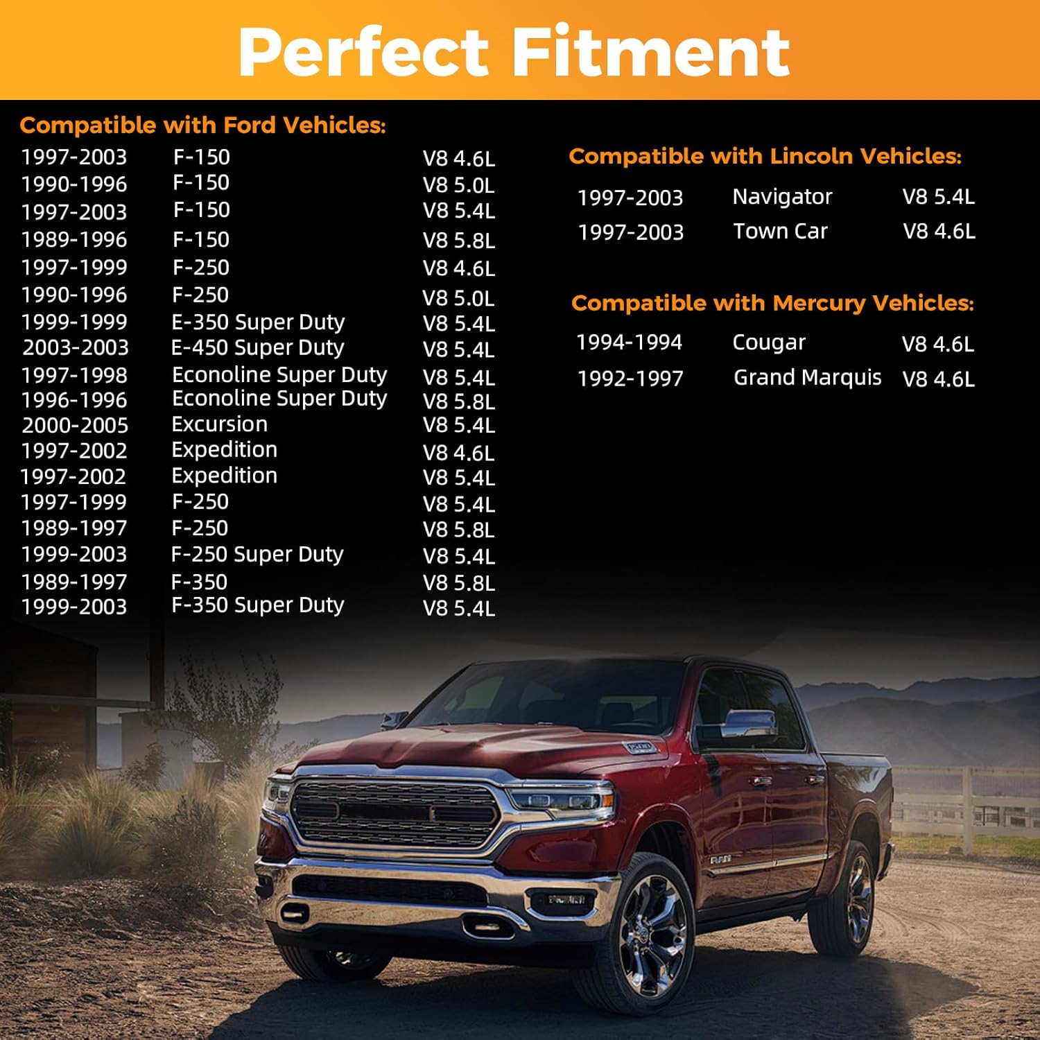 4 Holes Set of 8 Fuel Injectors - Compatible with Ford, Lincoln, Mercury Vehicles - F150, F250, F350, Mustang E150 E250 E350-4.6L 5.0L 5.4L 5.8L Replace 0280150943, 0280150939, 0280150909