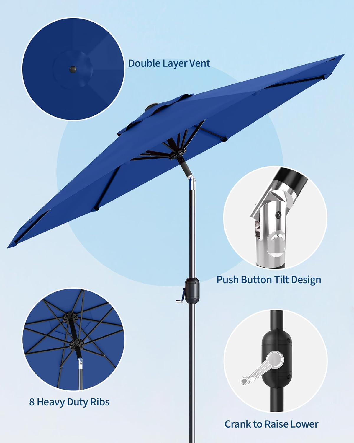 GarveeLife 9 ft Outdoor Patio Umbrella, Outdoor Table Umbrella, Market Umbrella with Push Button Tilt and Crank, 8 Sturdy Ribs UV Protection Waterproof for Garden, Deck, Backyard, Pool (Navy Blue) - Image 2