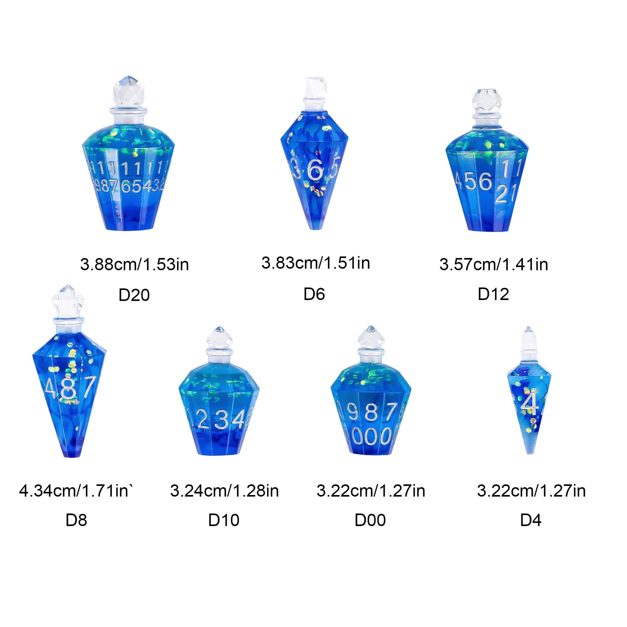 Lot de 7 dés DND Potion DND, dés polyédriques transparents à bords tranchants, pour jeux de rôle Donjons et Dragons (soie bleue avec échelle)