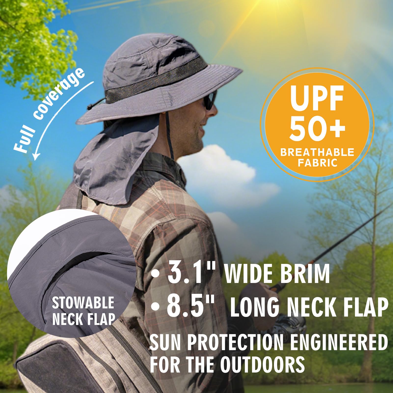TOP-EX Sombrero de pesca extragrande XL XXL para hombre, con protección UV 50, impermeable, plegable, de malla, con solapa para el cuello, para pesca y senderismo