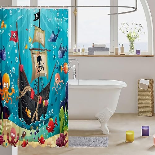 Miniatura 3 de Cortinas de ducha impermeables con diseño de barco pirata de caricaturas, tela de aventura marina, cortina de ducha de baño con peces submarinos,