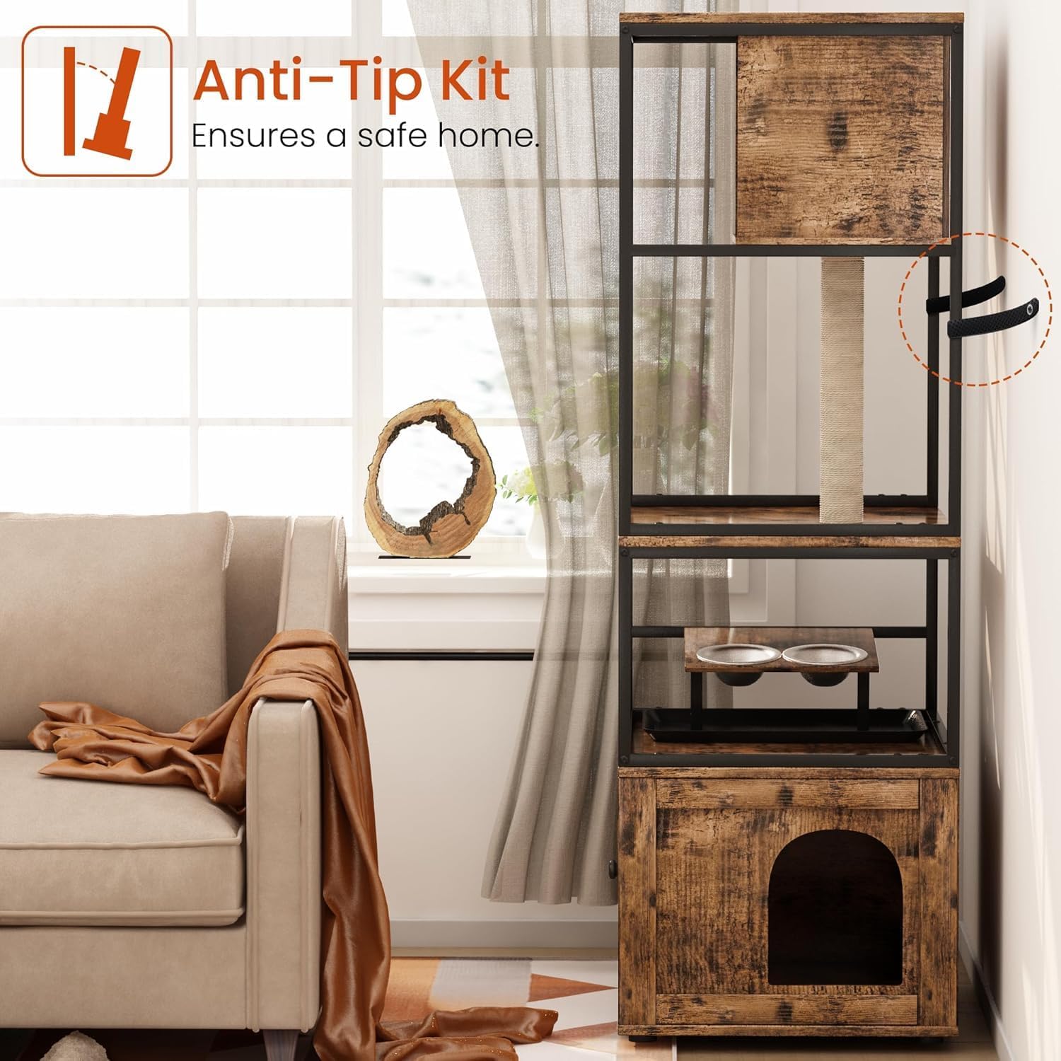 AWQM Large Cat Litter Box Enclosure,3 Level Tree Tower with Elevated Feeding Bowl,Scratching Posts,Hidden Washroom,Kitty Condo,All-in-One Wood Pet House/Cabinet Funiture,Rustic Brown (ALCL-L)