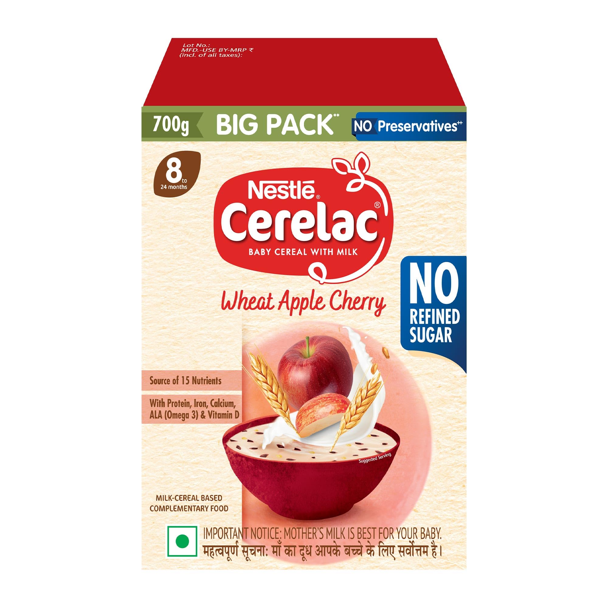 CERELAC Baby Food Cereal | No Refined Sugar | Wheat Apple Cherry for 8-24 months baby | Omega 3 Iron Protein Calcium Vitamin D | Instant Baby Food | 700g | Big Pack