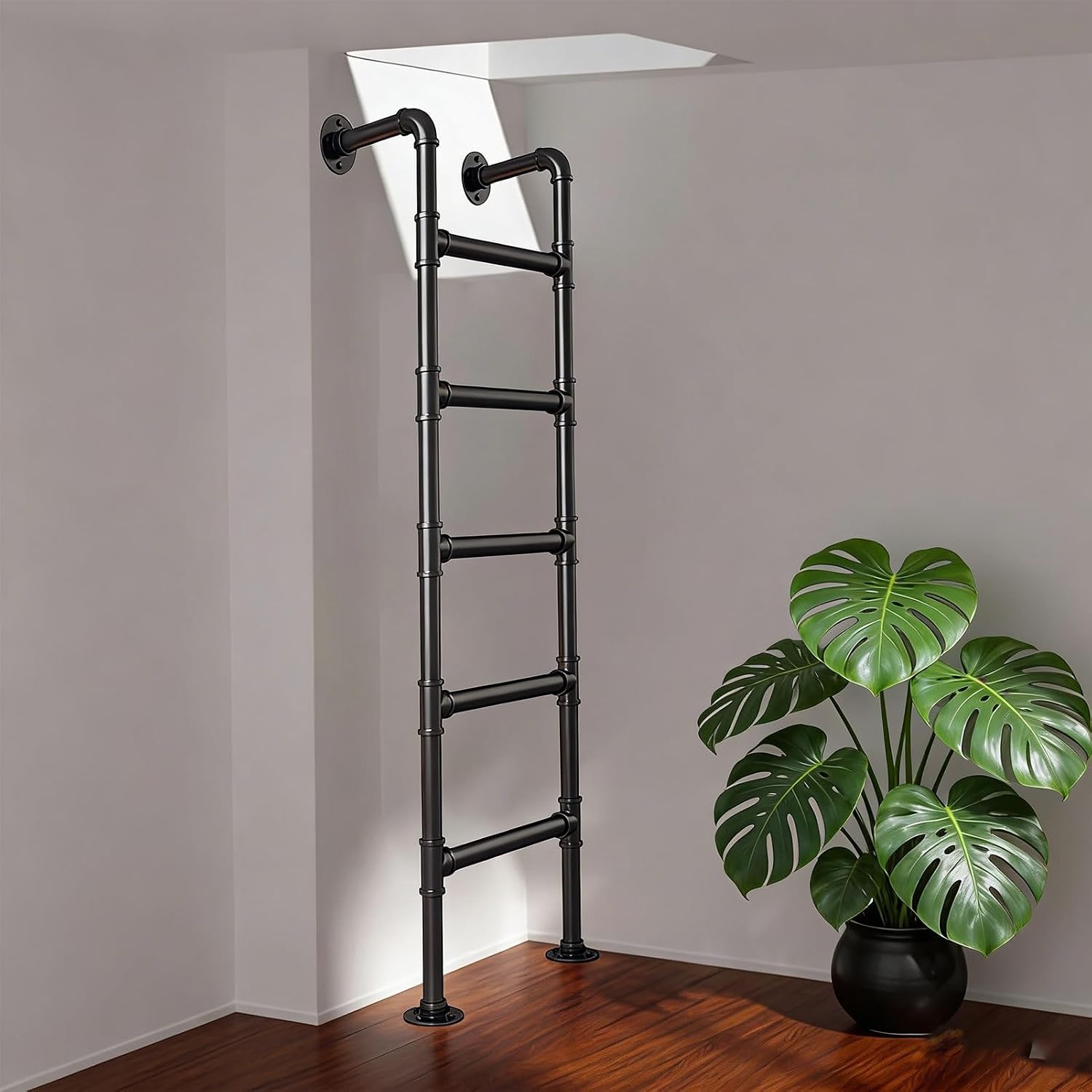 Universal Wall Mounted Attic Ladder - Industrial Black Egress Stairs for Basement, Dorm, Library & Deck - Space-Saving Design, 330lbs Load Capacity, 61in Height