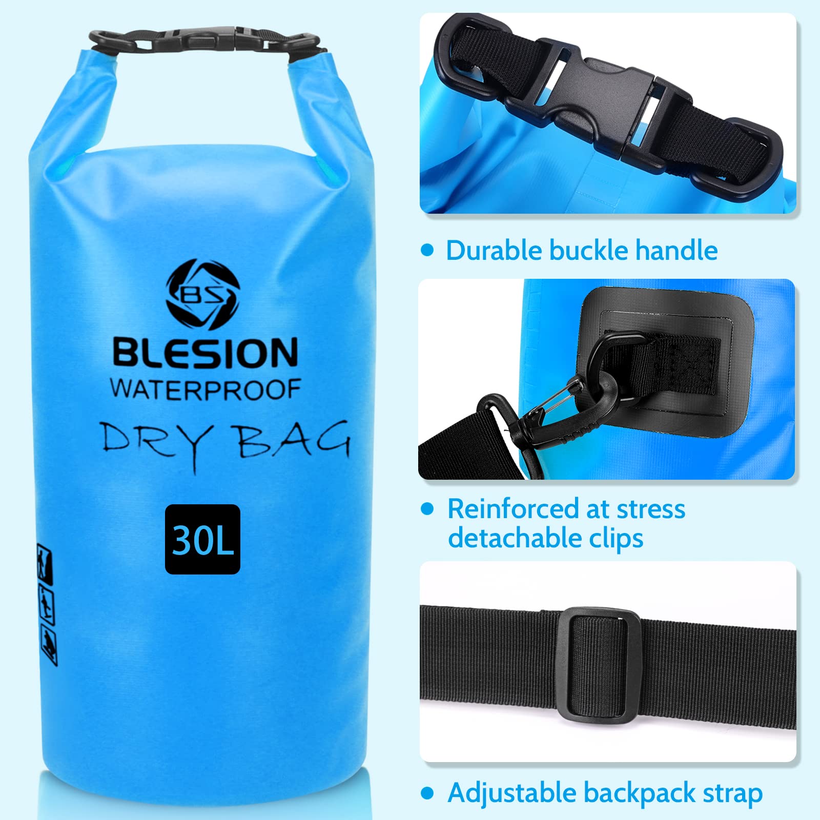 BLESION Borse Impermeabile, Sacca Impermeabile, Dry Bag 5L 10L 15L 20L 30L con Tracolla Regolabile per Spiaggia Sport d'Acqua Trekking Kayak Canoa Pesca Rafting Nuoto Campeggio