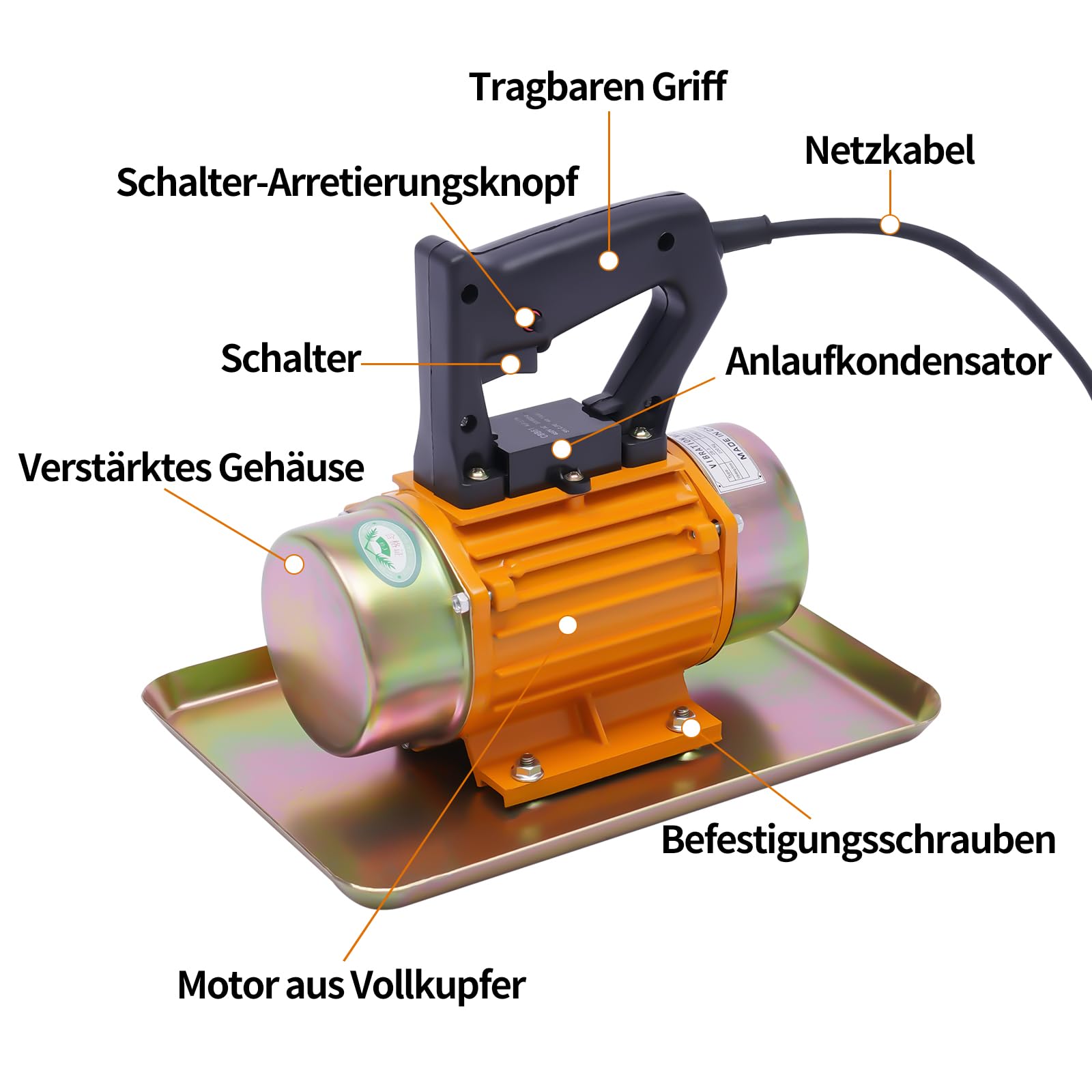 220V 250W Betonrüttler Klein Rüttelplatte Elektrischer Betonrüttler Betonverdichter mit Kupferspulen, Verdichter Stampfer Bodenverdichter