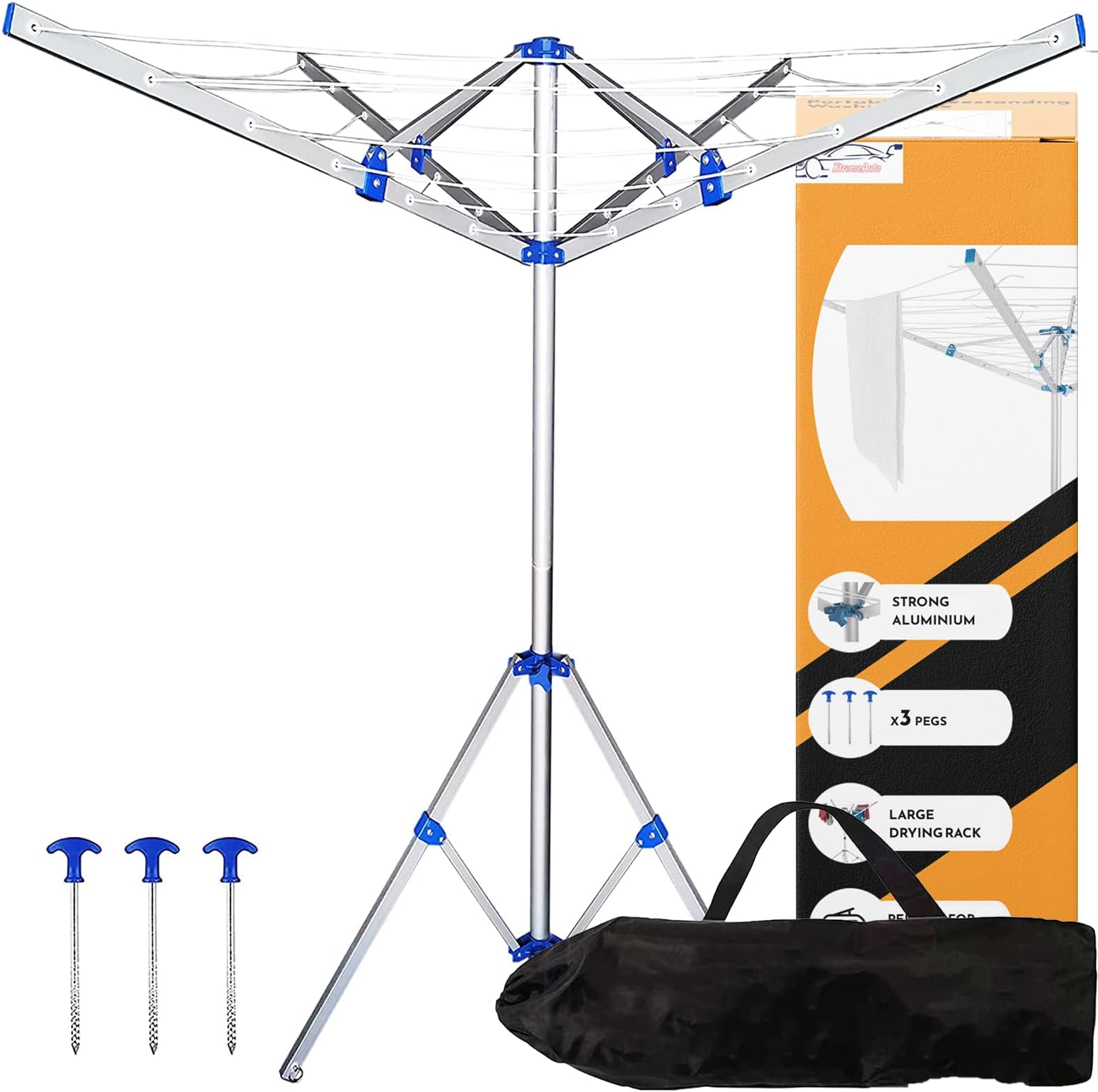 Xtremeauto Aluminium Rotary Washing Line Airers, Clothes Airer Outdoor, Portable, Foldable & Freestanding 4 Arm For Indoor & Outdoor Dryer Caravan, Silver