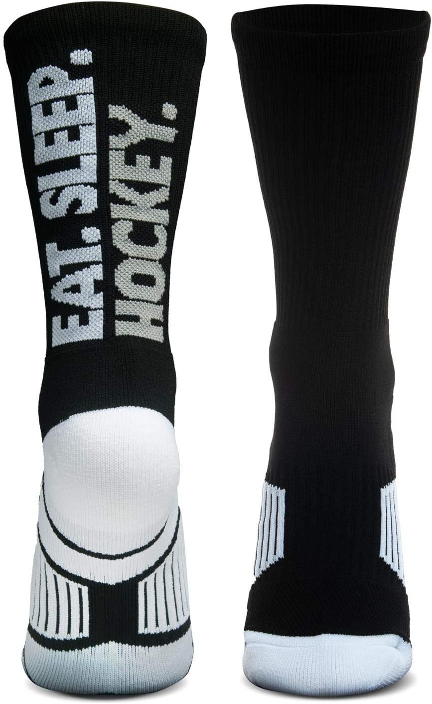 Hockey Athletic Woven Mid-Calf Socks | Eat. Sleep. Hockey. Socks | Black | Youth and Adult Sizes, Black, S