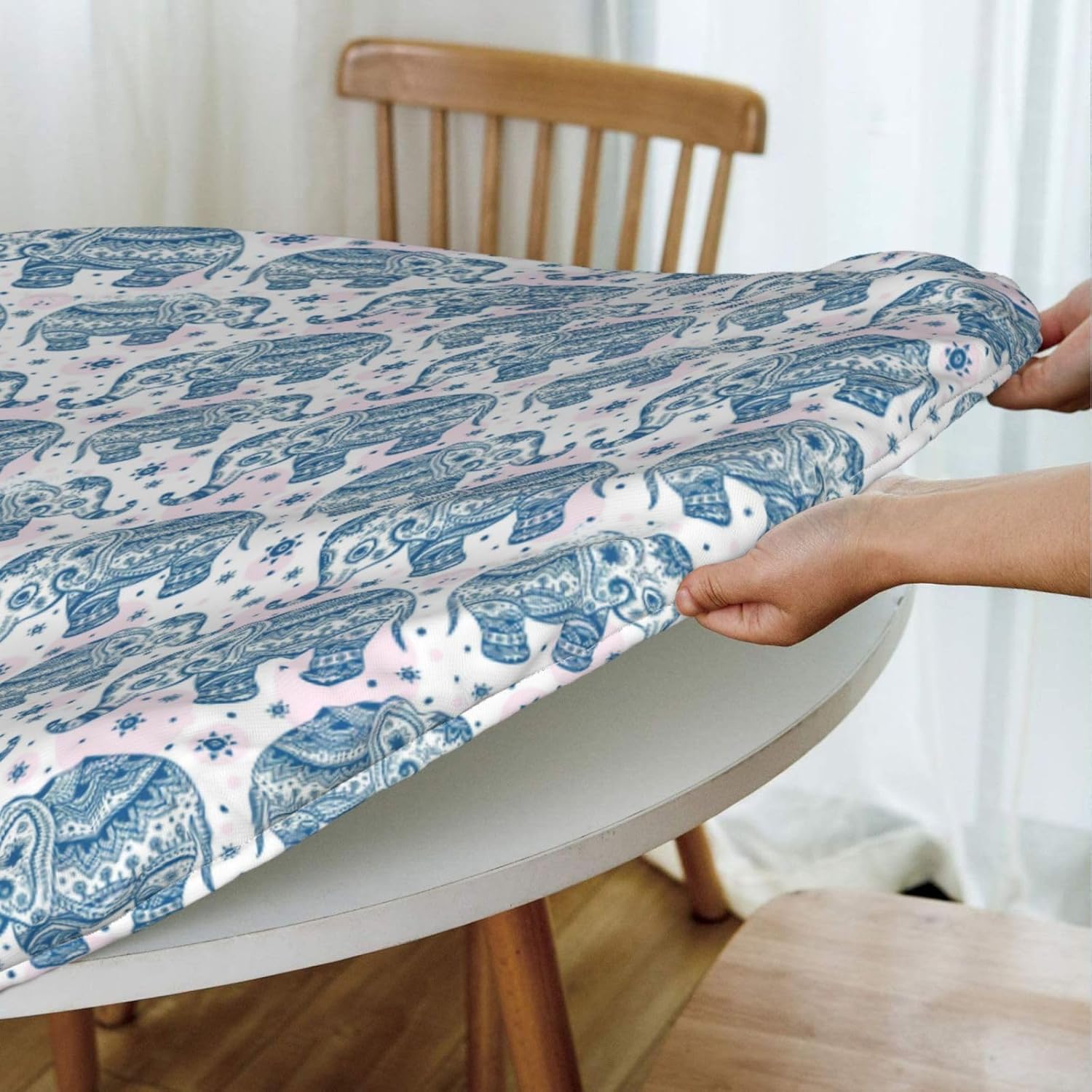 Boho Elephant Print Outdoor Patio Kitchen Decor Supplies Wipeable Round Table Cloth for Indoor Outdoor