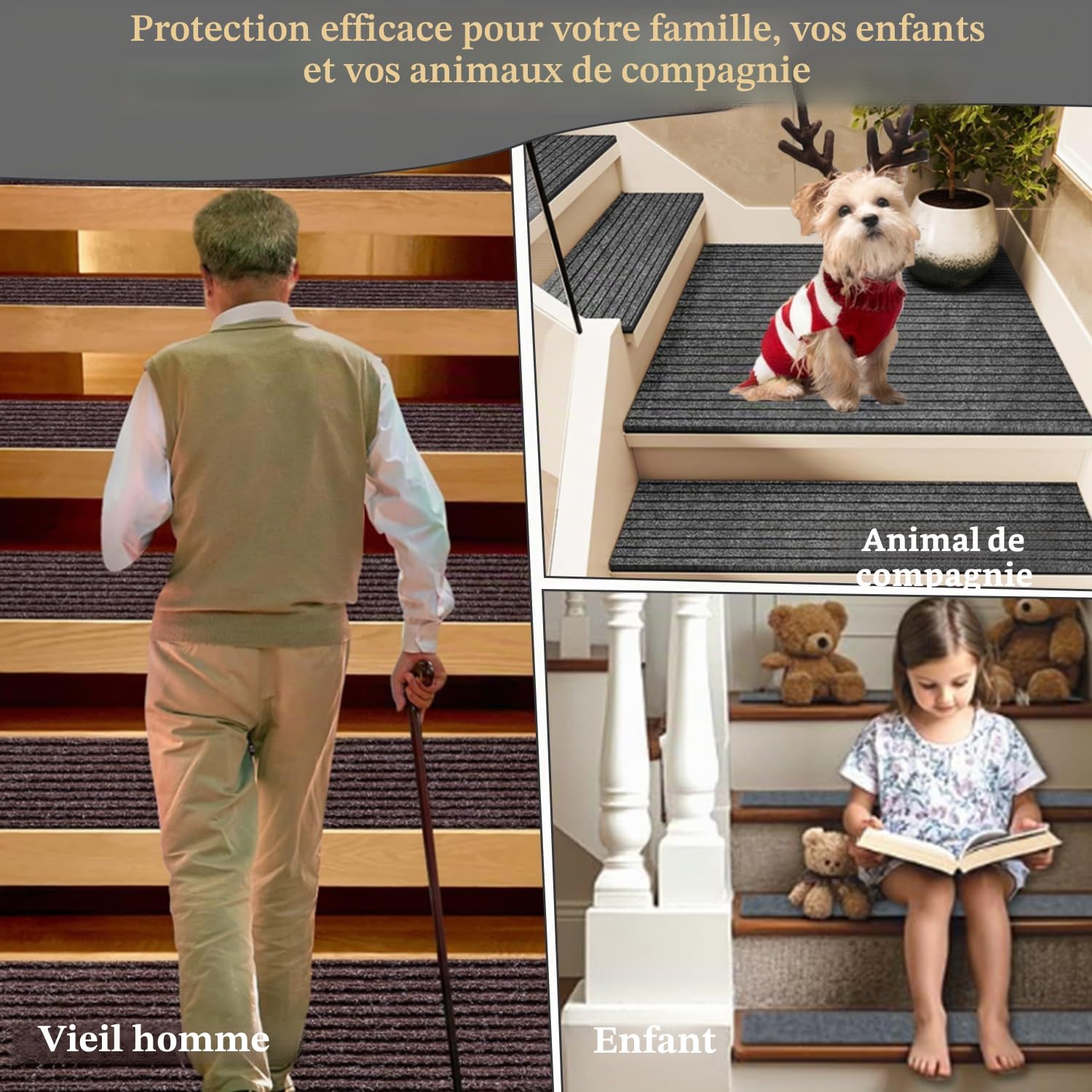 Lot de 15 tapis de marche d'escalier autocollants antidérapants pour l'intérieur 60 x 20 cm Tapis d'escalier antidérapant pour enfants, personnes âgées et animaux domestiques (beige)