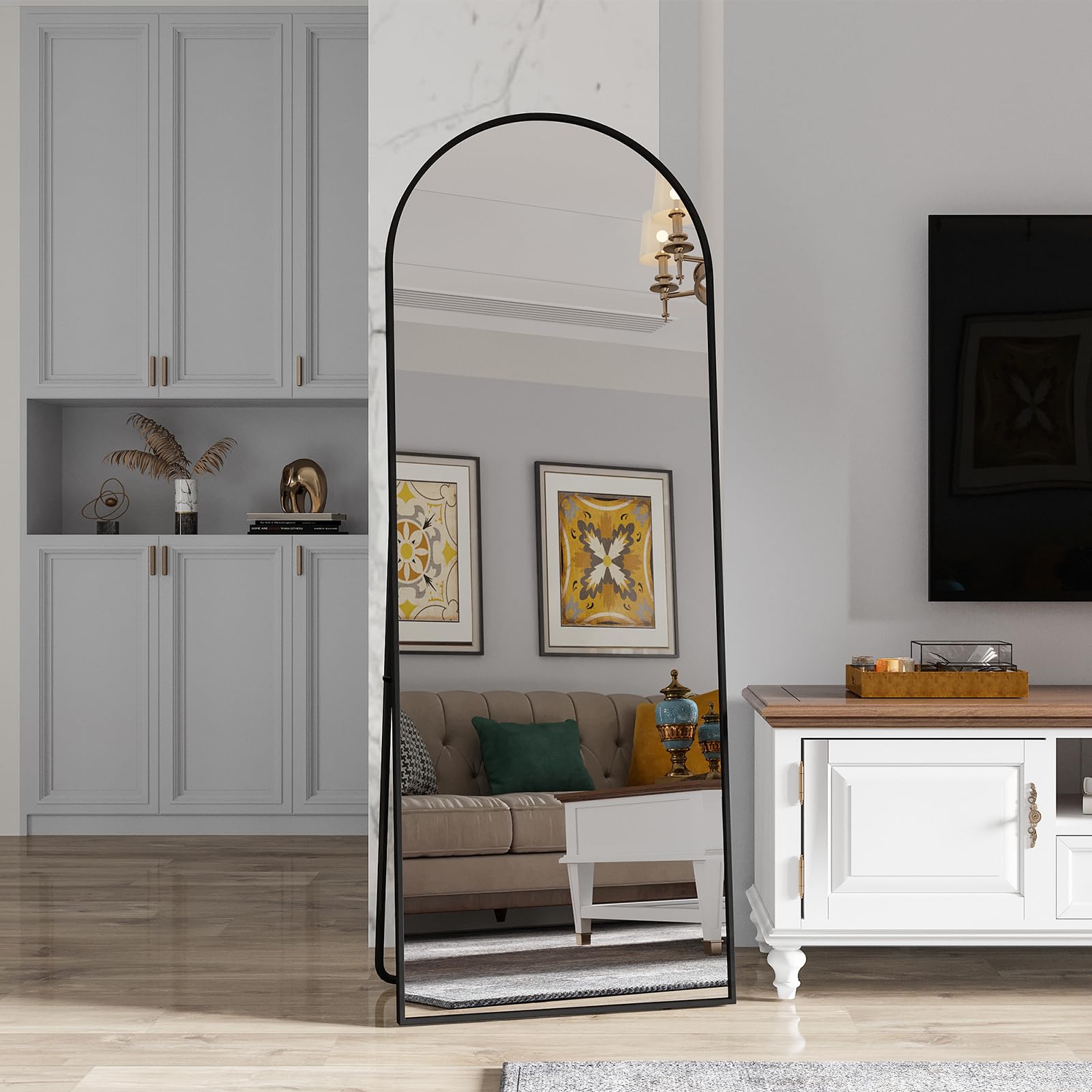 Lustro stojące, 162 x 53 cm, lustro na całej długości, łukowe z metalową ramą, pełne lustro pochylone lub wiszące do salonu, sypialni, przedpokoju (czarne, 162 x 53 cm)