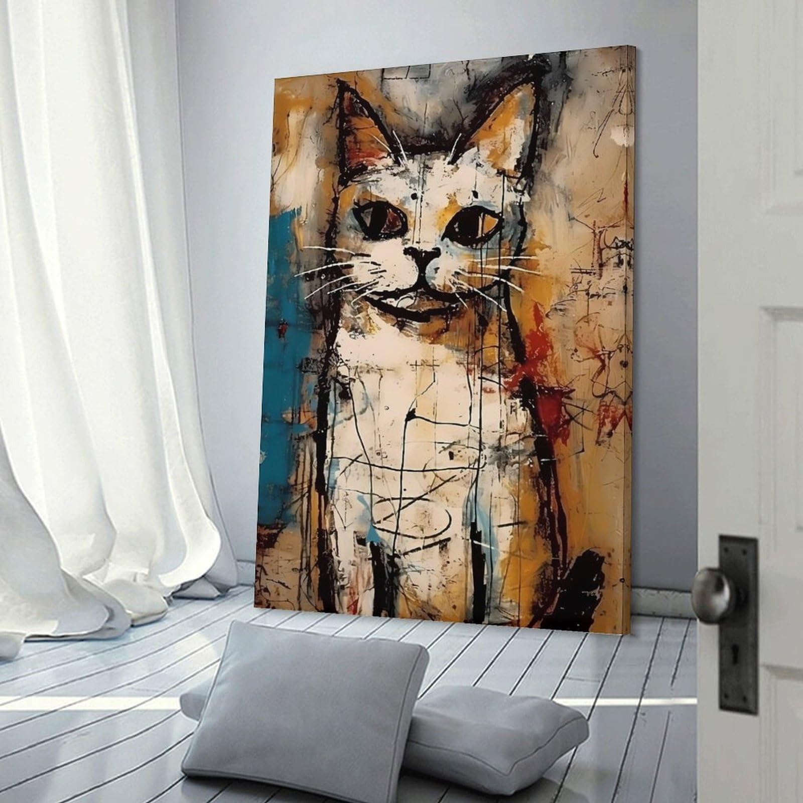 Junmoney Decorative Wall Artwork White Cat, 12x18inch(30x45cm), for New Homes, Bedrooms Or Workspaces, Canvas Artwork with Gifting Potential