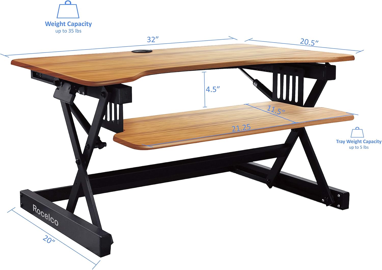 Rocelco 32" Height Adjustable Standing Desk Converter - Sit Stand Computer Workstation Riser - Dual Monitor Retractable Keyboard Tray Gas Spring Assist - Teak Wood Grain (R EADRT)