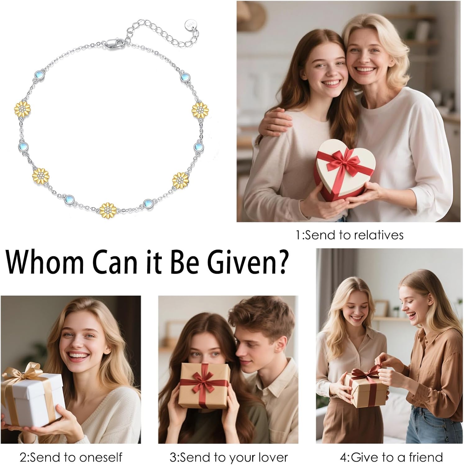 CRMAD 925 Sterling Silver Daisy/Sunflower Moonstone Anklet Daisy Flower Ankle Bracelet for Women Beach Dainty Jewelry - Image 3