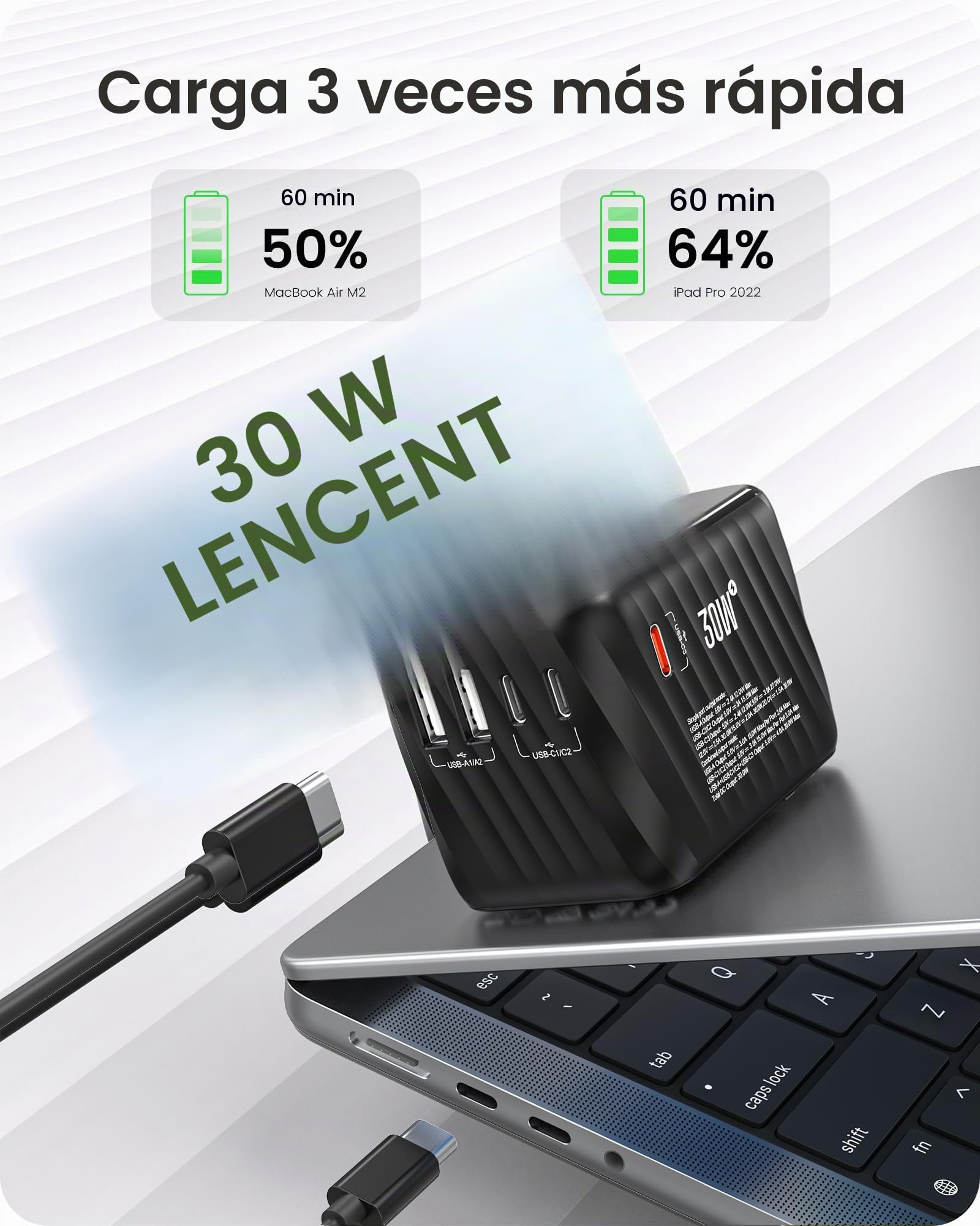 LENCENT Adaptador Enchufe Universal 30W, Cargador Internacional | con 3 USB-C+2 USB-A Carga Rápida, Adaptador Enchufe Europeo para Móvil, Tableta, Portátil, EU/USA/UK/AU, Negro