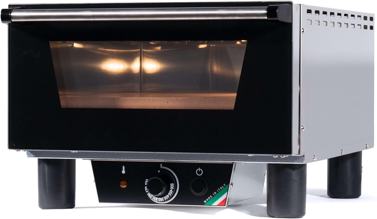 Effeuno N3 Electric Pizza Oven, front view with illuminated interior