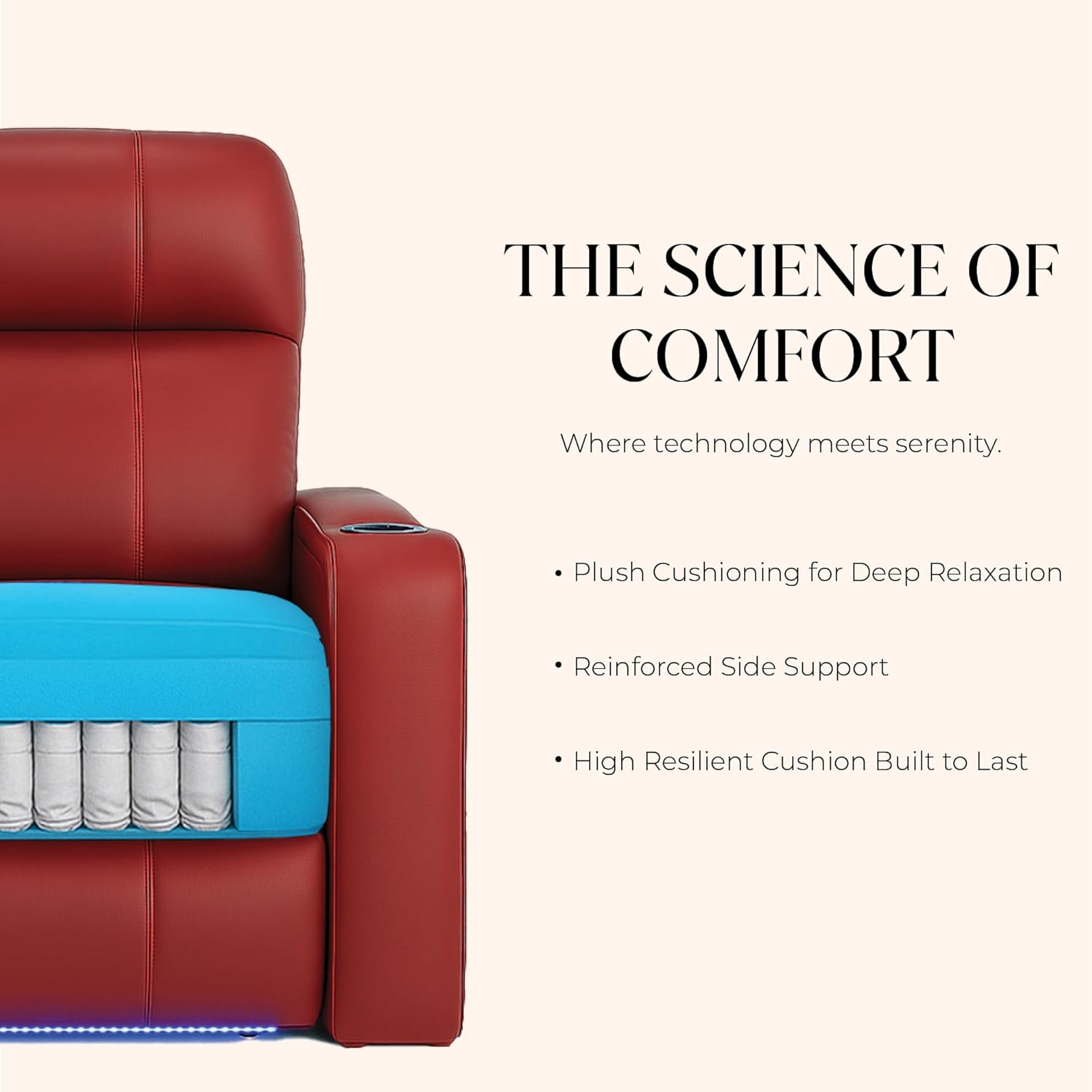 Seatcraft Serenity Italian Leather Home Theater Seating - Living Room - Power Recline - Tray Tables - in-Arm Storage - Ambient Base Lighting and Lighted Cupholders (Row of 2, Red)