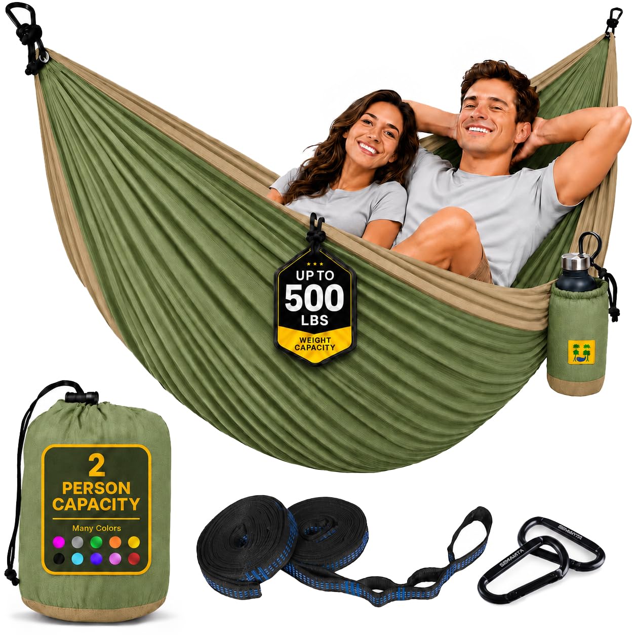 Durable Hammock 500 lb Capacity, Nylon Camping Hammock Chair - Double or Single Sizes w/Tree Straps and Attached Carry Bag - Portable for Travel/Backpacking/Beach/Backyard (Large, Khaki &amp; Army Green)