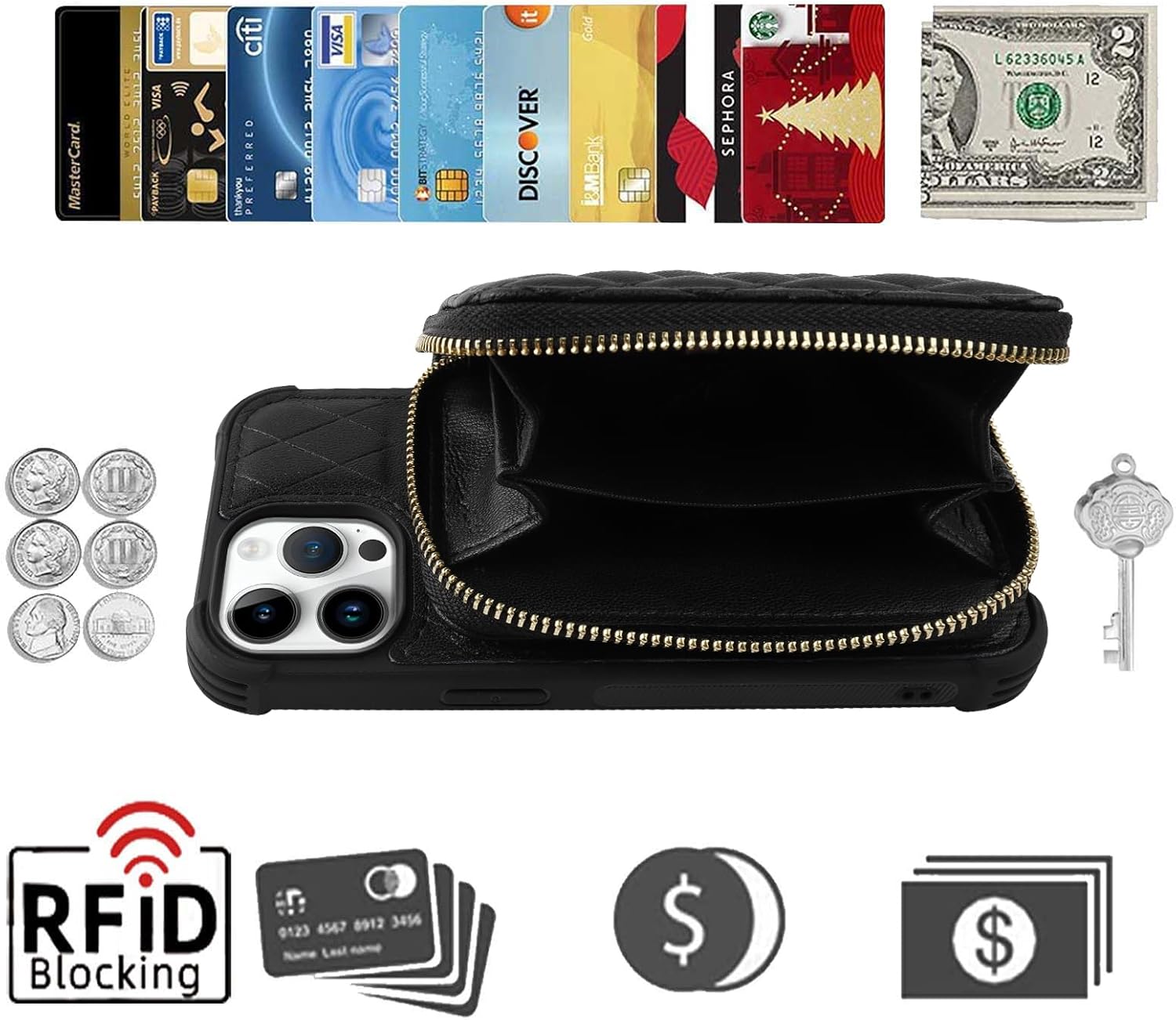 MONASAY Zipper Wallet Case Compatible for iPhone 15 Pro,[Glass Screen Protector ][RFID Blocking] Flip Leather Handbag Phone Cover with Card Holder and Detachable Crossbody Lanyard Strap, Black