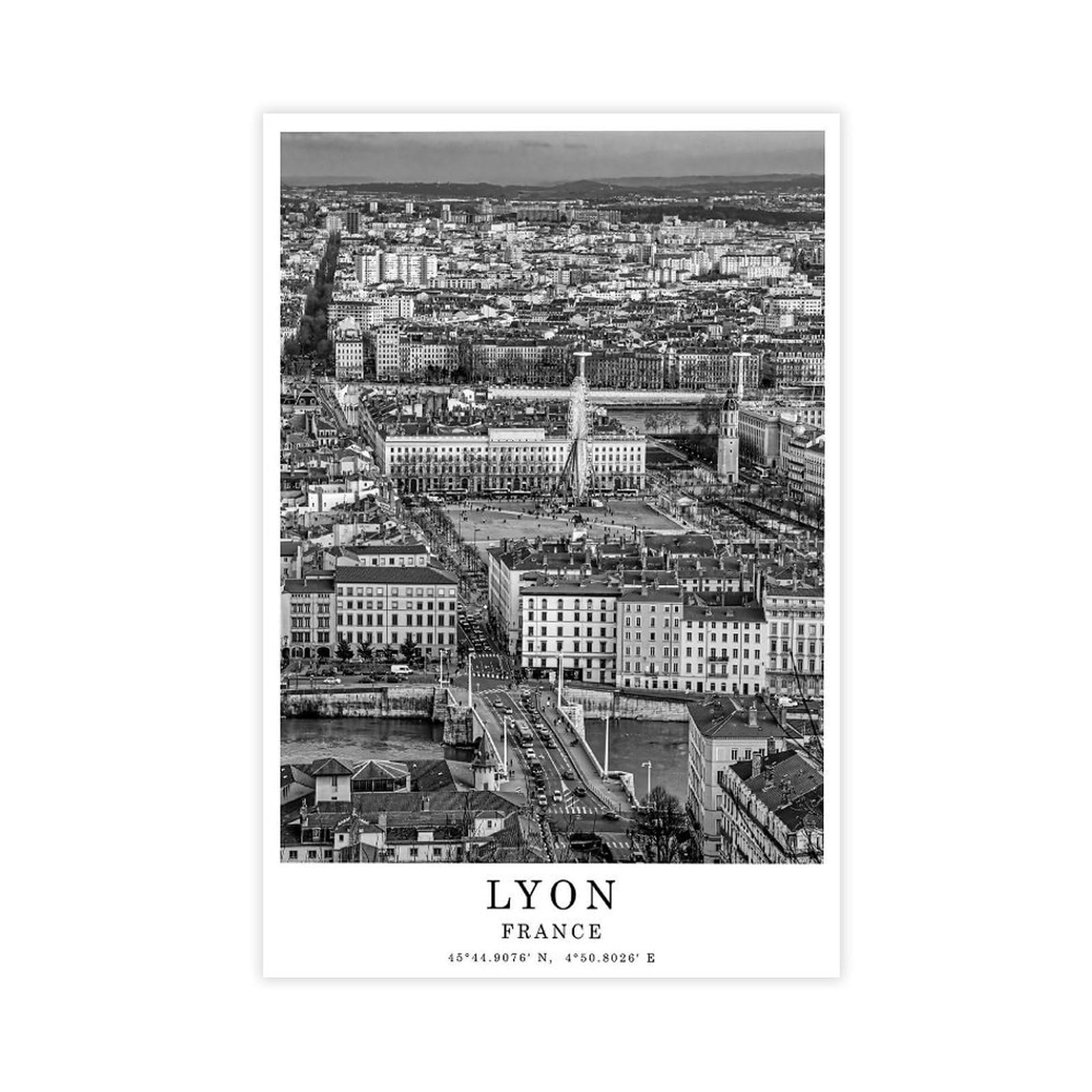 HEYANM Lyon Travel Print Cities of France Black And White Lyon City Poster France Wall Art Print Minimalist Wall Décor Poster Gift Jpg Canvas Poster Bedroom Office Room Decor Gift Unf