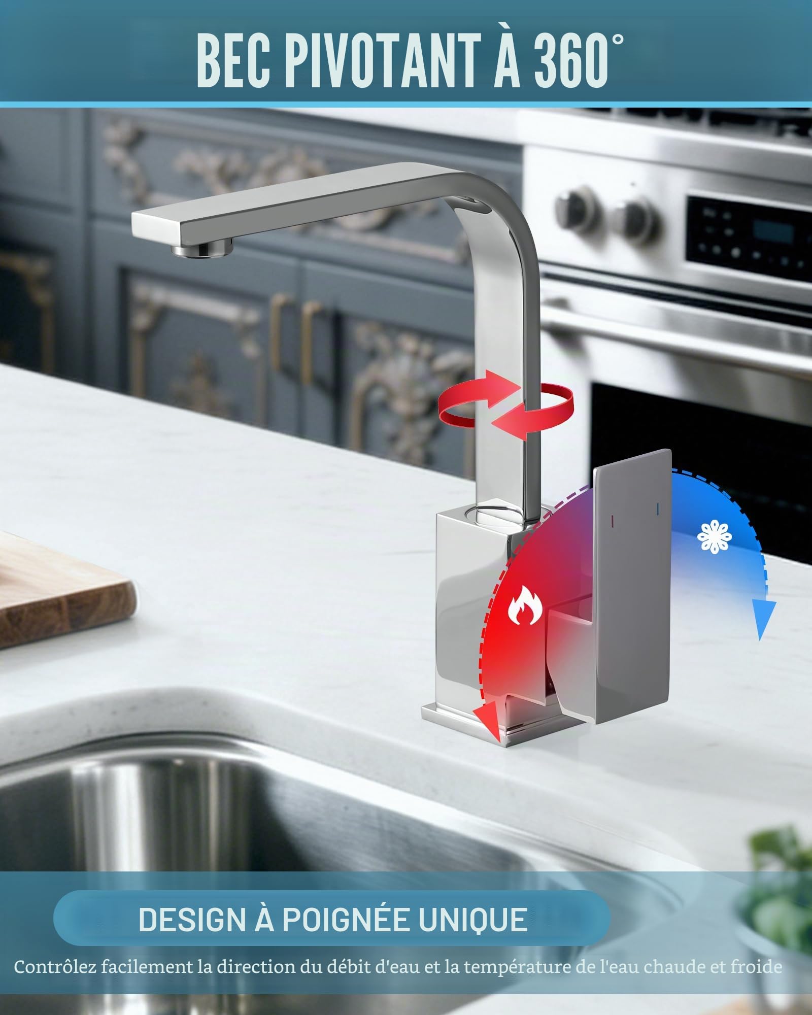 Robinet de cuisine haute pression en acier inoxydable, pivotant à 360°, mitigeur d'évier, mitigeur, chromé (Chrom)